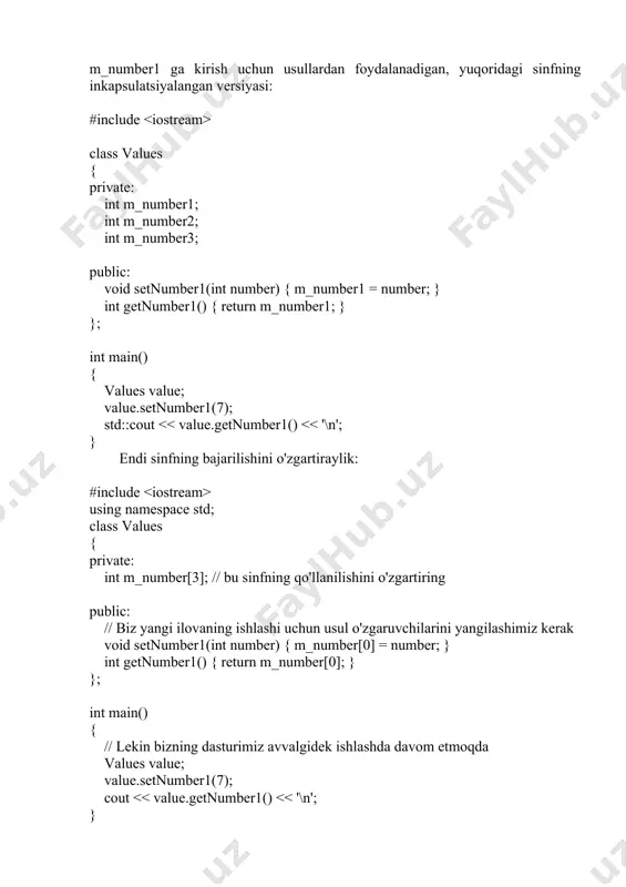 alue; value.setnumber1(7); cout using namespace std; class contact { private: int mobile_number; // private variable int home_number; // private variable public: contact() // constructor { mobile_number = 12345678; home_number = 87654321; } void print_numbers() { cout using namespace std; class contact { private: int mobile_number; // private variable int home_number; // private variable public: contact() // constructor { mobile_number = 12345678; home_number = 87654321; } // declaring a global 'friend' function friend void print_numbers( contact some_contact ); }; void print_numbers( contact some_contact ) { cout << "mobile number: " << some_contact.mobile_number; cout << ", home number: " << some_contact.home_number << endl; } int main() { contact tony; print_numbers(tony); return 0; } bu misolda, print_numbers() funksiyasi kontakt sinfining metodi emas, balki oddiy funksiyadir. print_numbers() funksiyasini contact sinfining "do'sti" deb e'lon qilish, print_numbers() funksiyasining shaxsiy ma'lumotlarga kirishining yagona sababidir. agar siz friend kalit so’zi yozilgan qatorni olib tashlasangiz, kod kompilyatsiya qilinmaydi. eslatma: …