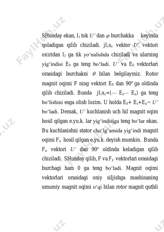 lektromagnit (tormozlovchi) momentidan katta bo‘lsa,  burchakning 900 dan ortib ketishi natijasida elektromagnit moment kamayadi. ortiqcha aylantiruvchi moment tahsirida rotor tezroq aylana boshlaydi. bunda  burchak yanada kattalashadi va tormozlovchi moment yanada kamayadi va natijada generator sinxron ishlamaydi bunda tarmoq chastotasi bilan rotorning aylanish tezligi orasidagi avtomatik bog‘lanish buziladi. generatorning e.yu.k. va tarmoq kuchlanishi bir-bir bilan muvozanatlashmaydi hamda stator cho‘lg‘amida tok xatto qisqa tutashuv toki qiymatigacha ortib ketadi, chunki bu xolda stator, e.yu.k. ning va tarmoq kuchlanishining oniy qiymatlari o‘zaro qo‘shiladi. stator toki ortib ketganida generatorni saqlovchi avtomatlar tarmoqdan tezda uzib qo‘yadi. demak  burchak 900 dan 1800 gacha o‘zgarganda sinxron generator turg‘un ishlamaydi buni burchak xarakteristikasida ham ko‘rish mumkin. masalan, ishlab turgan generator burchak xarakteristikasining a nuqtasida momentlar muvozanati buzilsa, agar mg>mbm bo‘lsa generator turg‘un ishlaydi yoki mg<mbm generator sinxronizmdan chiqadi. maksimal elektromagnit momentning nominal elektromagnit momentga nisbati sinxron mashinaning ortiqcha yuk bilan ishlashi yoki o‘ta yuklanish qobiliyati deyiladi: …