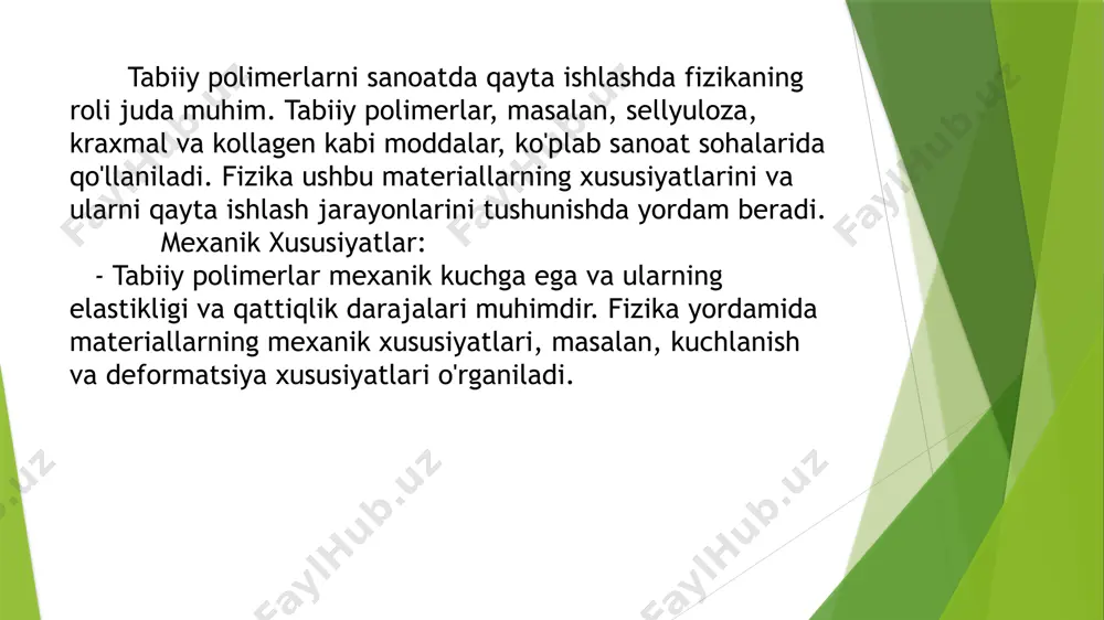 hunish uchun fizik xususiyatlar o'rganiladi, bu esa sifat va issiqlik qirralarini yaxshilashga yordam beradi. sintetik polimerlar oddiy past molekulali moddalarni sintez qilish orqali sun’iy ravishda olingan materialldir. polimerlar yengil og’ir va oziq ovqat sanoatida qurilishida va boshqalarda keng qo’llaniladi. gap elastomerlar sintetik kauchuk va kauchuk, plastomerlar- sintetik qatronlar va plastmassalar, bo’yoqlar, yopishtiruvchi moddalar, sintetik tolalar va matolar fotopolimerlar, erkin plyonkalar va boshqalar kiradi sintetik kauchuk sintetik qatronlar xulosa tabiiy va sintetik polimerlarning sanoatda qayta ishlash jarayonida fizika materiallarning xususiyatlarini o’rganish jarayonlarini optimallashtirish va sifatini oshirishda muhim rol o’ynaydi. bu orqali ishlab chiqarish samaradorligini va mahsulot sifatini yaxshilash mumkin. foydanilgan adabiyotlar ro’yxati. 1. f.b. ashurov- polimerlarning qayta ishlash texnologiyasi. 2. m.a. askarov, a.s. rafikov, d.o. abdusamatova “polimerlarning fizikasi va kimyosi”. 3. m. asqarov, o. yoriyev , n. yodgorov . “polimerlar fizikasi va kimyosi. toshkent. o’qituvchi. 4. “polimerlarni qayta ishlash texnologiyasi” i.i. fattoyev. f.b. ashurov. “durdona nashriyoti” 2018y 5. internet manbalari. image1.png …
