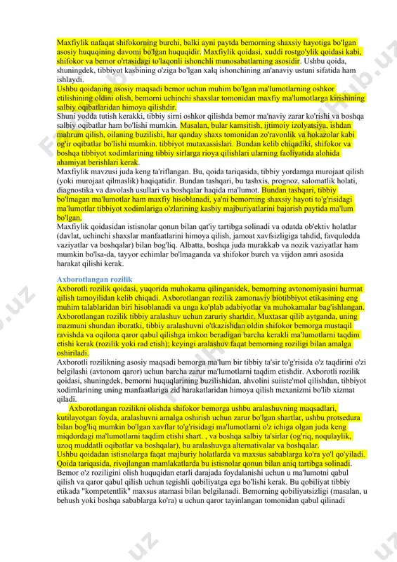 fokorning bemordan haqiqatni yashirish huquqi tibbiy imtiyoz deb ataladi. ammo zamonaviy tibbiy etikada bu mavzu munozara mavzusidir. ba'zi hollarda, agar bunday ma'lumotlar uning hayoti yoki sog'lig'iga jiddiy xavf tug'dirishi mumkinligiga ishonish uchun etarli asoslar mavjud bo'lsa, bemordan ma'lumot saqlanishi mumkin. to'g'rilik qoidasidan chetga chiqish bilan bog'liq ko'plab nuanslar mavjud. bu muammoning ayrim jihatlari qonun bilan hal qilingan. misol uchun, ko'plab mamlakatlarning (jumladan, rossiyaning) qonunchiligida bemorning o'z ahvoli haqidagi haqiqatni bilmaslik huquqi bor, shuning uchun shifokor bemorning xohishiga qarshi unga tegishli ma'lumotlarni taqdim etishga haqli emas. qanday bo'lmasin, bemorga noqulay ma'lumot berganda, tibbiy etika buni eng nozik shaklda qilishga majbur qiladi. quyidagi talab eng muhim bo'lib qolmoqda: bemor bilan muloqot qilishda haqiqat qoidasi shifokor uchun doimo etakchi bo'lishi kerak va uning buzilishi har doim minimal va zarurat bilan oqlanishi kerak. maxfiylik tibbiy sirni saqlash zarurati hatto gippokrat qasamyodida ham muhokama qilinadi. antik davrda shifokorning alohida maqomi va bundan kelib chiqadigan ma'naviy …