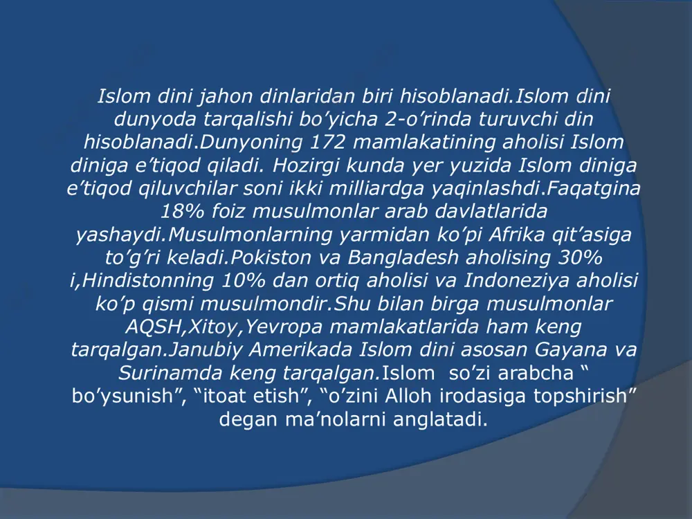 fa va 4 ta kitob yuborgan. 5.oxirat-bu dunyoda alloh taoloning o’zidan va u xohlaganidan boshqa hech narsa qolmaydigan kundir.uning qachon bo’lishini alloh taolodan boshqa hech kim bilmaydi. 6 .taqdir- alloh taolo tomonidan bo’lgan va bo’ladigan yaxshi,yomon ishlarning qayshi zamonda, qaysi joyda, qay ravishda bo’lmog’ini hamda o’z ilmi azaliysi bilan bo’lmasdan turib oldindan belgilab qo’yilishidir. 7.alloh taoloning qudrati bilan o’lgan bandalar qayta tiriladilar,so’ngra alloh taoloning tayin qilgan yeriga borib yig’iladilar.yig’iladigan joyning nomi ”mahshar yeri”, kun esa “qiyomat kuni” deb ataladi. islom dini 5 ustunga ega. kalima keltirish ro’za tutish haj safarizakot berish namoz o’qish 1.kalimayi shahodat- allohdan o’zga iloh yo’qligiga va muhammad (s.a.v) uning bandasi va payg’ambar ekanligiga shohidlik beraman demoqlikdir.u arab tilida shunday deyiladi:”ashhadu an lo ilaha illallohu va ashhadu anna muhammadan abduhu va rasuluh”. 2.namoz o’zini musulmomnan deb hisoblaydigan har bir bandaga buyurilgan ibodatdir.namoz ibodati kuniga 5 mahal o’qiladi. 3.ro’za erta tongdan to kun botishiga qadar yemoq va ichmoqdan …