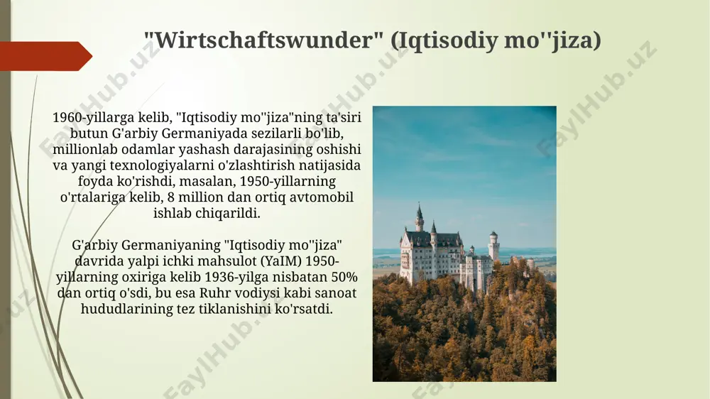 36-yil darajasidan ancha yuqori bo‘lib, taxminan 100 milliard dm ga yetdi, bu esa "wirtschaftswunder" deb nom olgan iqtisodiy o‘sishni ko‘rsatadi. 1961-yil qurilgan berlin devori g‘arbiy va sharqiy germaniya o‘rtasidagi siyosiy bo‘linishni ramziy aks ettirdi va bu voqea sovuq urush davridagi g‘arbiy berlinning g‘arbiy kuchlar tomonidan himoya qilinishini ta’kidladi. yangi davrning boshlanishi erhardning kanslerlikka kelishi, adenauerning uzoq yillik hukmronligidan keyin g'arbiy germaniyada iqtisodiy siyosatda yangi yo'nalishni – “sosial bozor iqtisodiyoti”ni belgilashga olib keldi. 1963-yilgi bundestag saylovlari natijalari germaniyaning g'arbiy qismida katta koalitsiyaning tugashi va cdu/csu ning kuchining pasayishini ko'rsatib, yangi siyosiy davrning boshlanishiga turtki bo'ldi. cdu/csu ichidagi ichki ziddiyatlar kollektiv rahbarlik tizimi ichida, adenauerning avtoritar uslubi bilan bog'liq ichki nizolar, 1961 yilgi federal saylovlar natijalari bilan kuchayib, partiya ichidagi o'ng va markaz o'rtasidagi ziddiyatni ochib berdi. 1960-yillarning boshida cdu/csu ichida, ayniqsa, iqtisodiy siyosat masalasida, masalan, sotsial bozor iqtisodiyoti yondashuvi bo'yicha bavariya va reynland-pfalts kabi federal yerlarda kuchli farqlar kuzatildi. adenauerning iste'fosining …