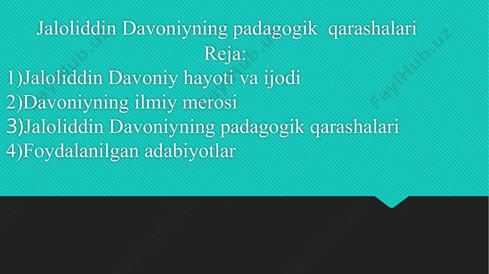 “kinoya sharhi haqida risola”, “ruhshunoslik haqida risola”, “tariqati tarbiyat ul-avlod” (“bolalarga tarbiya berish uslubi”), “arznoma” (“qurolli kuchlarni boshqarish usuli”) va boshqalar. davoniyning ijtimoiy-ruhiy, jamoaviy-axloqiy hamda pedagogik muammolar ko‘tarilgan eng yirik asari “axloqiy fazilatlar usutunligida yog‘du jilosi” yoki qisqa nomi “axloqi jaloli” (“axloqi jaloliy”). davoniyning ilmiy merosi u nafaqat ilm-fan bilan shug‘ullangan, balki foniy tahallusi ostida navoiy singari she’rlar ham yozgan. uning she’rlari eron va iroqda chop etilgan. davoniy o‘zining ijodiy asarlarida movaraunnahr va xuroson madaniy merosidan foydalangan. ular o‘sha hududda istiqomat qilgan xalqning ma’naviy hayotiga katta ta’sir ko‘rsatgan. davoniyning eng yirik asar - “axloqi jaloliy” (“axloqi jaloliy”). u 1470 - 1478 yillar uzilgan va uzun xasanga - g‘arbiy eronning hukumat vakliga bag‘ishlangan. mazkur kitob v.f. tompson tomonidan ingliz tiliga tarjima qilingan. uning “axloqi jaloliy” kitobi forsiyda yozilgan va qo‘l yozmasi dunyoning ko‘plab muzey va kutubxonalarida saqlanib kelinmoqda. 1911 yil u kalkuttada chop etilgan. o‘zbekiston fanlar akademiyasi huzuridagi sharqshunoslik institutida davoniyning …
