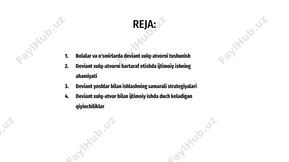 oq tanlov qilish va mustahkam munosabatlar o'rnatish imkoniyatini beradi. ijtimoiy ishda ishlash usullari baholash, aralashuv va baholashni o'z ichiga oladi. shaxsiylashtirilgan davolash rejalarini yaratish va boshqa mutaxassislar bilan hamkorlik qilish orqali ijtimoiy ishchilar deviant xatti-harakatlarni samarali hal qilishlari va mijozlari uchun uzoq muddatli muvaffaqiyatga erishishlari mumkin. deviant yoshlar bilan ishlashning samarali strategiyalari ijtimoiy ish deviant xulq-atvori bo'lgan bolalar va o'smirlarga yordam berishda hal qiluvchi rol o'ynaydi. ijtimoiy ishchilar yo'l-yo'riq, qo'llab-quvvatlash va resurslarni taqdim etish orqali ushbu shaxslarga o'z muammolarini hal qilishda va ijobiy o'zgarishlar qilishda yordam berishi mumkin. deviant yoshlar bilan ishlashning samarali strategiyalari ishonchni mustahkamlash, chegaralarni o'rnatish va individual davolash rejalarini amalga oshirishni o'z ichiga oladi. xavfsiz va qo'llab-quvvatlovchi muhitni yaratish orqali ijtimoiy ishchilar ushbu yosh shaxslarga engish qobiliyatlarini rivojlantirishga va ularning xatti-harakatlarini yaxshilashga yordam berishi mumkin. to'g'ridan-to'g'ri aralashuvdan tashqari, ijtimoiy ishchilar deviant yoshlarni har tomonlama qo'llab-quvvatlash uchun oilalar, maktablar va jamoalar bilan hamkorlik qiladilar. boshqa mutaxassislar va manfaatdor …
