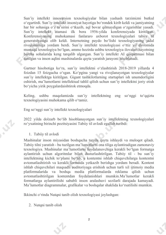 y til - bu sun’iy intellektning kichik to‘plami bo‘lib, u kontentni ishlab chiquvchilarga kontentni avtomatlashtirish va kerakli formatda yetkazib berishga yordam beradi. kontent ishlab chiquvchilari maqsadli auditoriyaga erishish uchun turli xil ijtimoiy media platformalarida va boshqa media platformalarda reklama qilish uchun avtomatlashtirilgan kontentdan foydalanishlari mumkin.ma’lumotlar kerakli formatlarga aylantirilishi sababli inson aralashuvi sezilarli darajada kamayadi. ma’lumotlar diagrammalar, grafikalar va boshqalar shaklida ko‘rsatilishi mumkin. ikkinchi o‘rinda nutqni tanib olish texnologiyasi joylashgan: 2. nutqni tanib olish nutqni tanib olish - bu sun’iy intellektning yana bir muhim to‘plami bo‘lib, u inson nutqini kompyuterlar tomonidan foydali va tushunarli formatga aylantiradi. nutqni aniqlash inson va kompyuterning o‘zaro ta’siri o‘rtasidagi ko‘prikdir. texnologiya inson nutqini bir necha tillarda taniydi va o‘zgartiradi. iphone siri nutqni aniqlashning klassik namunasidir. uchinchi o‘rin esa hozirda muhim ahamiyatga ega bo‘lgan virtual agenttexnologiyaga tegishli bo‘ldi: 3. virtual agent virtual agentlar o‘quv dizaynerlari uchun qimmatli vositalarga aylandi. virtual agent - bu odamlar bilan o‘zaro aloqada …