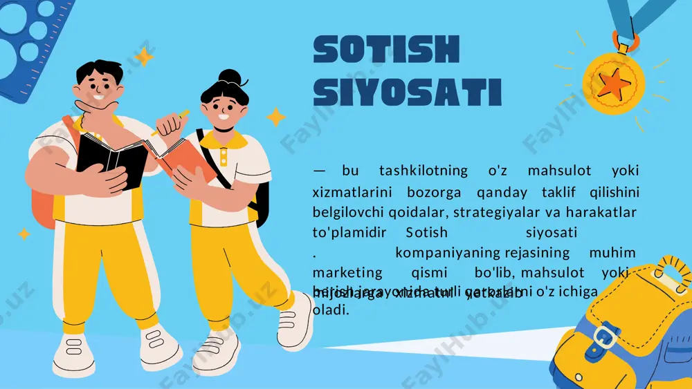 faol sotish siyosati: ushbu siyosat kompaniyaning sotish kuchlarini faol ravishda bozorga yo'naltirishni o'z ichiga oladi. bu, odatda, reklama, targ'ibot va boshqa marketing vositalari orqali amalga oshiriladi. sotish siyosatining turlari sotish siyosati kompaniya muvaffaqiyatiga bevosita ta'sir qiluvchi omil hisoblanadi. uni samarali rejalashtirish va kompaniyaning bozorda amalga uzoq oshirish muddatli raqobatbardoshligini ta'minlaydi. sotish siyosatining umumiy tushunchasi 0 - darajali kanal ishlab chiqaruvchi . iste'molchi . 1 - darajall kanal chakana savdo . iste 'molchi 2 - daraj ali kanal ishlab chiqaruvchi iste'1nolchi 1---... 3-darajali kanal ishlab chiqaruvchi ulgurji savdo i-+ . ishlab chiqaruvchi . . ulgurj i savdo . . chakana savdo mayda chakana iste'molchi ulgurji savdo savdo chakana savdo (retail trade) chakana savdo — mahsulotlarni oxirgi iste'molchilarga sotish jarayonidir. xususiyatlari: iste'molchilar to‘g‘ridan-to‘g‘ri do‘konlardan, onlayn platformalardan yoki bozorlardan mahsulot sotib oladi. mahsulot hajmi kichik bo‘lib, asosiy maqsad iste'molchilarni qoniqtirishdir. ulgurji savdo (wholesale trade) ulgurji savdo — mahsulotlarni katta hajmda chakana sotuvchilarga, korxonalarga …
