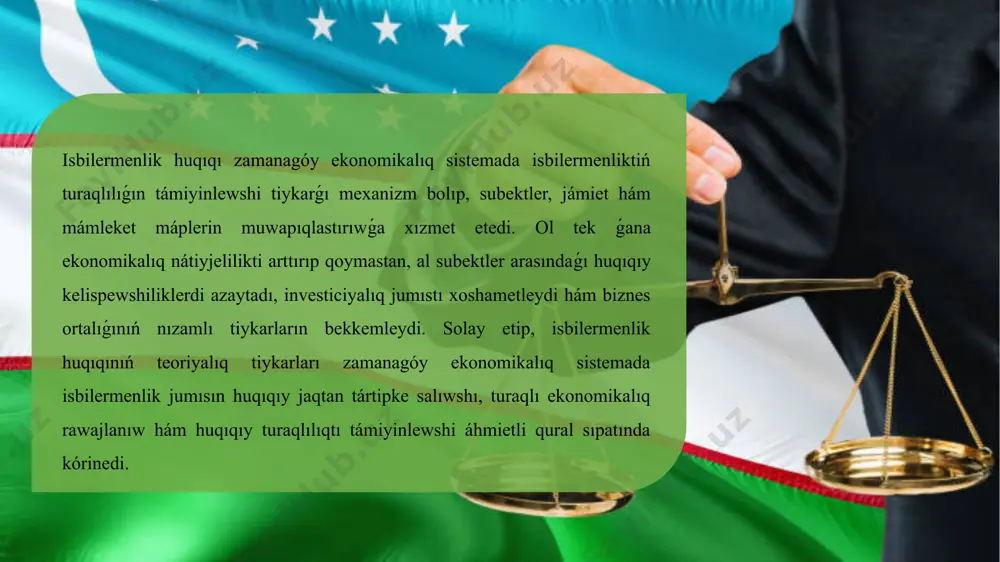 a rawajlandırıwǵa xızmet etedi. normativlik-huqıqıy baza hám ámeliyattıń úylesimliligi isbilermenlik huqıqın nátiyjeli sistemaǵa aylandıradı. rossiya federaciyasında isbilermenlik huqıqı puqaralıq kodeksi hám isbilermenlik kodeksi arqalı tártipke salınadı. sud hám qadaǵalaw ámeliyatı subektlerdiń huqıqları menen minnetlemelerin qorǵaydı, kelispewshiliklerdi sheshedi hám biznes jumısınıń turaqlılıǵın támiyinleydi. rossiya tájiriybesi ózbekstan ushın subektlerdiń huqıqları menen minnetlemelerin huqıqıy mexanizmler arqalı tártipke salıw boyınsha paydalı mısal bola aladı. normativlik huqıqıy bazanı jetilistiriw isbilermenlik huqıqın rawajlandırıwdıń tiykarǵı baǵdarı bolıp tabıladı. isbilermenlik kodeksi, puqaralıq kodeksi hám basqa da normativlik-huqıqıy hújjetler ámeliyatqa beyimlestiriliwi, jańa ekonomikalıq qatnasıqlar hám innovaciyalıq jumıstı qamtıp alıwı zárúr. bul subektlerge huqıqıy anıqlıq jaratadı, shártnamalıq minnetlemelerdi orınlaw mexanizmin ápiwayılastıradı hám finanslıq turaqlılıqtı bekkemleydi. elektron huqıqıy registrler, onlayn dizimge alıw, shártnamalardı elektron túrde júrgiziw sistemaları isbilermenlikti ápiwayılastıradı hám ashıq-aydınlıǵın arttıradı. paydalanilgan adebiyatlar. ózbekstan respublikası puqaralıq kodeksi - tashkent, 2020. ózbekstan respublikası isbilermenlik kodeksi - tashkent, 2021. shodmonov, a. "isbilermenlik huqiqi teoriyası" - tashkent, 2019. mirzaev, s. "tadbirkorlik va huquqiy …