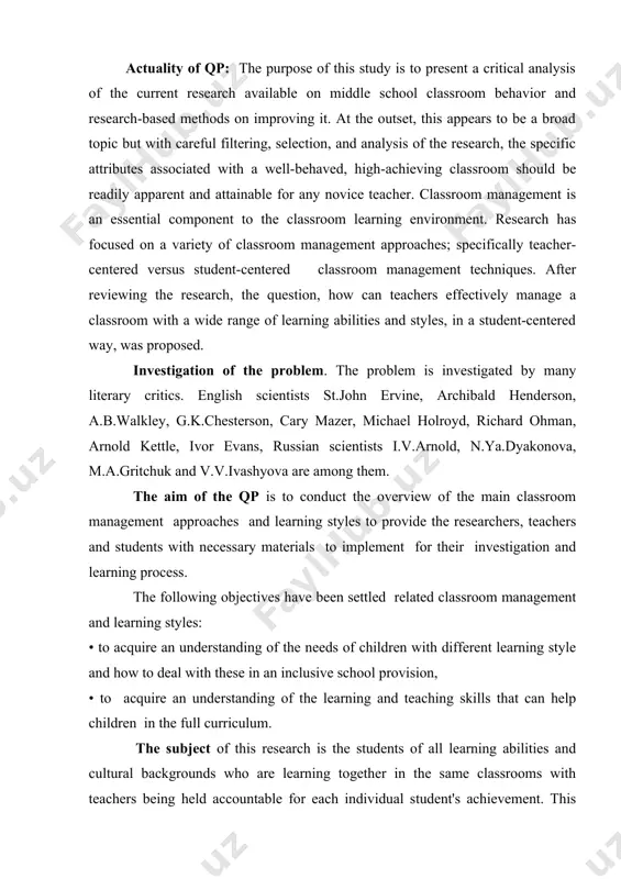 eflected in his/her management style, research has found commonalities within the most effective student-centered management techniques. the object of the present work is focused on a variety of classroom management approaches; specifically teacher-centered versus student-centered classroom management techniques. methods of investigation. the following research methods were used in this qp: content analysis, critical incident, problem finding and solving, scientific method. methodological basis of investigation. law of the republic of uzbekistan “on education”, “national program of training cadres” decree “on measures to further improvement of foreign languages teaching system”, president islam karimov’s works on education young generation, scientific and theoretic literature related to the theme. scientific novelty and practical value. effective classroom management is probably one of the most important responsibilities faced by educators in any number of learning environments. this may be particularly true of beginning teachers. “when teachers talk about the most difficult problems they experienced in their first …