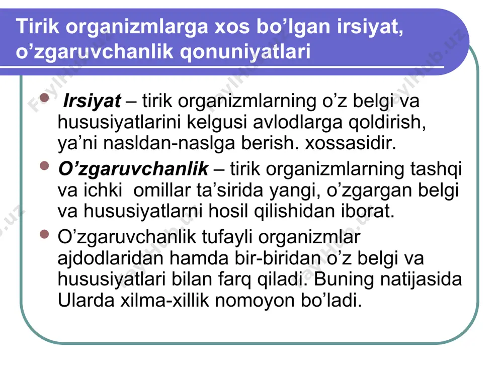 dagi ahaniyatini tadqiq etish. duragaylash, stogenetik molekulyar genetik, ontogenetic va genetic injineriya metodlari duragaylash metodining mohiyati chatishtirish natijasida olingan duragay avlodlarida ota-ona belgilarining irsiylanishini o’rganishdan va uning qonuniyatlarini ochishdan iborat. stitogenetik metod qo’llanilganida ota-ona belgilarining duragaylarda irsiylanishini o’rganish bilan bir qatorda ularning xromosomalarining xolati ham stitologik usulda maxsus mikroskoplar yordamida o’rganiladi. molekulyar genetic metodning mohiyati irsiyatning moddiy asosi bo’lgan nuklein kislotalari (dnk, rnk) ning strukturasi va funktsiyasini o’rganishdan iborat. ontogenetik metod yordamida organizmlarning individual rivojlanish jarayonida gemnotib va tashqi muhit omillari ta’sirida belgi va hususiyatlarning fenotibda nomoyon bo’lish qonuniyatlari o’rganiladi. genetik injineriya metodi bir organizimning noyob genlari yoki xromosomalarini boshqa organizemga ko’chirib o’tqazishni ishlab chiqarishga asoslangan.