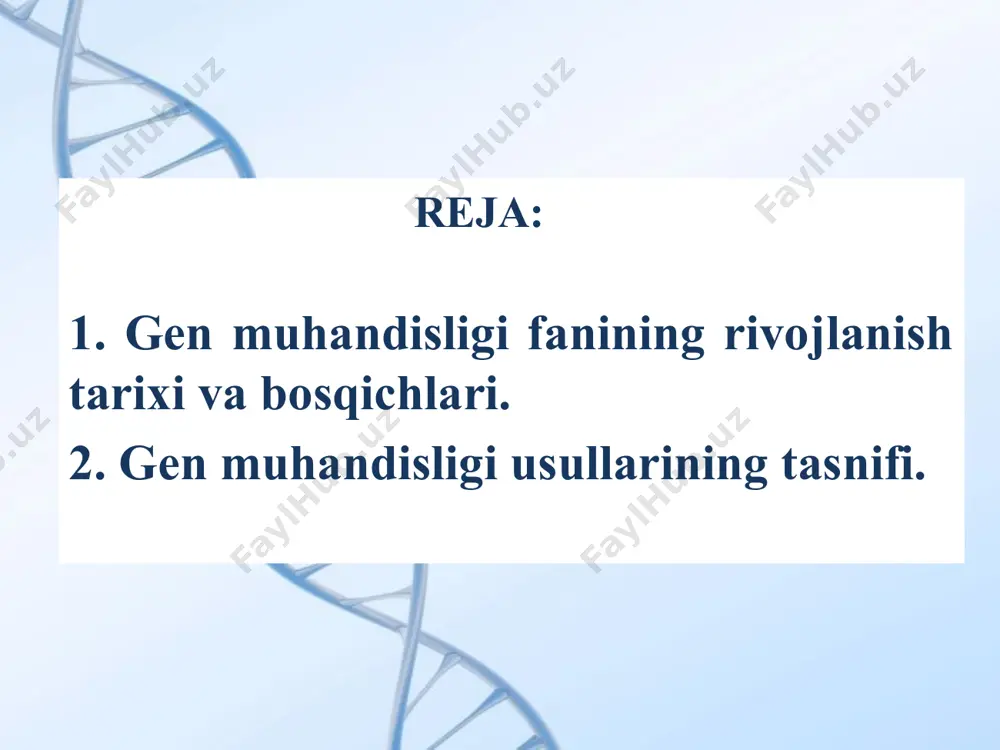 oshiriladi. 3. gen darajasidagi genetik muhandislik yoki gen muxandisligi eng murakkab bo’lib, quyidagi bosqichlar asosida amalga oshiriladi: gen injeneriya quyidagi muammolarni hal etishga o’z diqqatini qaratadi: 1. hujayra dnk sidagi kerakli qimmatli genlarni ajratib olish yoki laboratoriyada sintezlash. 2. dnk ning rekombinat molekulasini hosil etish. 3. genlarni klonlash 4. rekombinat vektorlar yordamida yot genlarni hujayraga kiritish va uning faoliyati tufayli inson xohlagan mahsulot yetishtirish. 9 rekombinant dnkni qabul qiluvchi organism genetik modifikatsiyalangan organizm (gmo) deyiladi. agar kiritiladigan begona dnk boshqa turdan kelib chiqsa, mezbon organizm transgen deyiladi. gen muhаndisligidа qo'llаnilаdigаn plаzmid vа fаg vektоrlаr, restriktazalar bаkteriya vа tubаn eukаriоt оrgаnizmlаr хujаyrаlаridа аsоsiy хrоmоsоmаdаn tаshqаri, kichik o'lchаmgа egа bo'lgаn хаlqаsimоn yoki chiziqsimоn strukturаgа egа bo'lgаn qo'shimchа хrоmаsоmаlаr mаvjuddir bu mini-хrоmоsоmаlаr plаzmidlаr deb аtаlаdi. plаzmid dnkаsi ko'pi bilаn 3-10 tаgаchа genlаrni o'zidа sаqlаydi. bu genlаr, аsоsаn аntibiоtik yoki zахаrli tоksinlаrni pаrchаlоvchi fermentlаrni sintezigа jаvоbgаrdir. shu tufаyli plаzmidlаr plаzmidning аntibiоtik pаrchаlоvchi genlаri bir …
