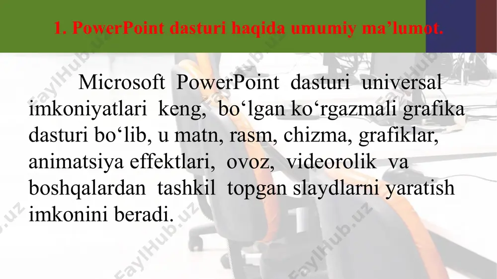yoki rasmni boshqa taqdimotdan olib qo‘yish mumkin. buning uchun quyidagi ishlar bajariladi: rasm qo‘yish uchun: · rasmni qo‘yish kerak bo‘lgan slayd ko‘rinishi tanlanadi. · tugmachasi bosiladi va clip art darchasidagi kerakli rasm tanlab olinadi. · shu darchadan «вставить» (qo‘yilsin) tugmachasi bosilgandan so‘ng yaratilayotgan prezentatsiyada rasm paydo bo‘ladi. jadvallar qo‘yish. powerpoint dasturida boshqa dasturlardagi kabi jadval ko‘rinishidagi ma’lumotlarni ham kiritish va uni tahrirlash mumkin. bu standart uskunalar panelidagi quyidagi piktogrammalar yordamida amalga oshiriladi, ya’ni: (ms word) yoki (ms excel) tugmalar (piktogrammalar)dan birni tanlab bosiladi; · jadvalning kerakli ustun va satr parametrlari tanlab olinadi va ekranda hosil bo‘lgan jadvalga sonli va matnli qiymatlar kiritiladi; · jadvalga o‘zgartirishlar kiritiladigan bo‘lsa jadval faollashtiriladi, ya’ni sichqoncha ko‘rsatkichi jadval tasviri ustida ikki marta bosiladi. jadval bilan ishlashni tugallash sichqoncha ko‘rsatkichi orqali amalga oshiriladi. diagrammalarni qo‘yish diagrammani qo‘yish uchun zarur bo‘lgan slaydlar umumiy ko‘rinishidagi diagrammalar bilan ishlash slaydlari tanlanadi. tugmachani bosing va kerakli ko‘rinishdagi diagrammani tanlang. o‘lchamlarni …