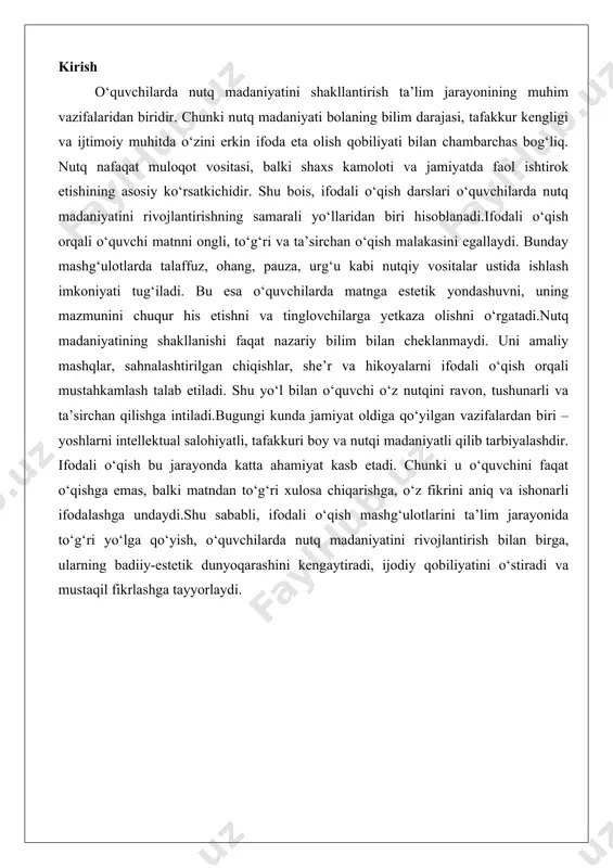 ydi. nutq madaniyati tushunchasi va ifodali o'qishning uning rivojiga ta'siri nutq madaniyati insoniyat aloqa vositalarining eng muhim qismi sifatida jamiyat hayotida alohida o'rin tutadi. u nafaqat so'zlarning to'g'ri ishlatilishi, balki fikrni ifodalashda estetik va axloqiy jihatlarni ham o'z ichiga oladi. ushbu maqolada nutq madaniyati tushunchasini chuqur yoritib, uning asosiy xususiyatlarini, tarixiy rivojlanishini va zamonaviy talablarini ko'rib chiqamiz. shuningdek, ifodali o'qishning nutq madaniyatiga ta'sirini batafsil tahlil qilamiz, chunki bu usul nafaqat o'quv jarayonida, balki kundalik hayotda ham muhim rol o'ynaydi. maqola rasmiy uslubda yozilgan bo'lib, ilmiy va pedagogik yondashuvlarga asoslanadi. biz nutq madaniyatini shaxsiy va ijtimoiy rivojlanishning asosiy omili sifatida ko'rib chiqamiz, uning tarkibiy qismlarini batafsil ochib beramiz va ifodali o'qish orqali uning takomillashuvini ko'rsatamiz. nutq madaniyati tushunchasining umumiy ta'rifi va uning asosiy elementlari nutq madaniyati – bu inson nutqining jamiyat normalariga mos ravishda shakllanishi va ishlatilishini ifodalovchi murakkab tushuncha. u nafaqat tilning texnik qoidalari, balki uning estetik, axloqiy va funktsional …