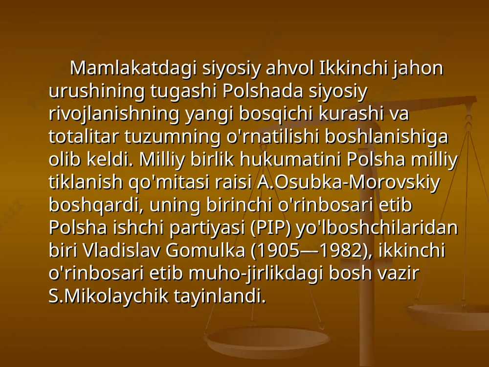 ga keldi. sharqiy yevropa mamlakatlarida navbatdagi siyosiy va ijtimoiy nizolar boshlandi. bular bari sotsializmning ijtimoiy yutuqlari va g'arb demokratiyasining yuqori darajadagi iqtisodini uyg'unlashtirgan jamiyat tizimining muqobil variantini izlab topish yo'lidagi urinishlar nati-jasi edi. qisqacha mazmuni 1945-yil iyun-iyul oxirida sharqiy germaniyada asosiy siyosiy partiyalar — germaniya kommunistik partiyasi (gkp), germaniya sotsial-demokratik partiyasi (gsdp), xristian demokratik ittifoqi (xdi) va germaniya liberal-demokratik partiyasi (gldp) shakl-landi. gkp va gsdp 1946-yil aprelda germaniya sotsialistik birlashgan partiyasi (gsbp) nomli yagona partiyaga birlashdi. urush paytidayoq davom etgan yer islohoti ham davom etdi. 1948-yilning oxirigacha kam yerli va yersiz dehqonlar qariyb 6 million gektar yerga ega bo'ldi. 747 ming yangi dehqon xo'jaligi yuzaga keldi, ularning ko'pi o'rtahol toifaga mansub edi. islohotlar natijasida zamin-dorlar xo'jaliklari to'liq tugatildi. 1970-yil 12-dekabrda oziq-ovqat tovarlari asosiy turlari narxlarining oshishi e'lon qilindi. gomulka vladislav (1905—1982) — daviat va partiya arbobi, "sotsializmga o'tishning polshacha yo'li" muallifi. pip tashkilotchilaridan biri, qarshilik harakati ishtirokchisi. 1956-yildan pbip birinchi …