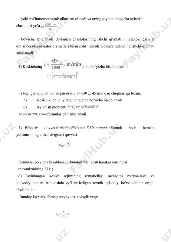 n moylar va emulsiyalar. qiyin ishianadigan metall va qotishmalarni kesishda murakkab tarkibli sms, masalan 5...10% ukrinol-1, 5...10% akvol-3, 5...8% p3 сож8, mp-4 va boshqa suvli eritmalar qo'llaniladi. 2.gazsimon moddalar: a) co2 azot, havo va boshqa gazlar; b) sirt aktiv moddalar (sam) bug'lari; d) purkaladigan suyuqliklar va ko'piklar. 3. qattiq moddalar: sovun va parafinning kukuni, petrolatum, bitum, mum, grafit, molibden disulfidi, soda, kalsiy xloridi va boshqalar. moylash-sovitish texnologik muhitlaridan to'g'ri foydalanish kesib ishlov berishda ish unumdorligini 2-3 marta, kesuvchi asbob turg'unligini 8-10 marta oshirishga imkon beradi. metallarni kesib ishlashning turli usullari va ularga xos kesish parametriari. kesib ishlash usullariga mos kesuvchi asboblar— keskichlar, parmalar, zenkerlar, razvyortkalar, metchikjar, protyaj-kalar, frezalar, abraziv doiralar va boshqalar va ularning turlari kon-struktiv tuzilishi hamda o'ziga xos xususiyatlari laboratoriya mashg'ulotlarida batafsil o'rganilishi tufayli bu masala ushbu yerda yor-itilmagan. adabiyotlar ro'yxati: 1. jt. в. перегудов, a x- хошимов вабошк,. автоматлаштирилган корхона станоклари.—т.: узбекистон, 1999. 2. грановский г.и. и …