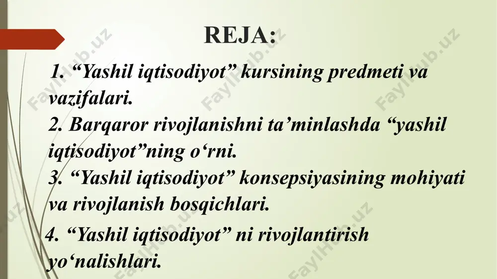 qarish, kimga mo‘ljallab ishlab chiqarish masalasiga atrof-muhitni asragan holda katta ahamiyat beriladi. xullas, yashil iqtisodiyotda inson, tabiat va iqtisodiyotning bir-biri bilan uyg‘un va barqaror rivojlanishini ta’minlagan holda harakat qilish lozim bo‘ladi. biror narsani qilaman deb, ikkinchi narsa yo‘qotilmaydi. masalan, uy quraman, deb daraxtlar ayovsiz kesib tashlanmaydi, texnologiyalarni ko‘paytirish havo atmosferasini zaharli gazlar bilan to‘ldirish evaziga amalga oshirilmaydi va h.k. shu yo‘l bilan barqaror taraqqiyotga erishish bugungi global masalalardan biridir. yashil iqtisodiyot bu muayyan joyda (mamlakat, shahar, kompaniya, jamoa va boshqalar) qo‘llaniladigan ishlab chiqarish jarayonlari (sanoat, savdo, qishloq xo‘jaligi va xizmat ko‘rsatish) majmui bo‘lib, ular ham ekologik, ham ijtimoiy jihatdan barqaror rivojlanishga olib kelishi mumkin. uning jamiyatdagi ahamiyati ortib bormoqda, chunki biz atrof-muhitga g'amxo'rlik qilishimiz kerak, lekin jahon iqtisodiyotini xavf ostiga qo'ymasdan. barqaror rivojlanishni taminlashda “yashil iqtisodiyot”ning o‘rni. barqaror rivojlanish deyilganda, aholi ehtiyojlarini to‘la qondirish maqsadida kelajak avlod ehtiyojlarini qondirish imkoniyatlarini xavf ostiga qo‘ymaslikka asoslangan rivojlanish tushuniladi. barqaror rivojlanishni “ijtimoiy” – …