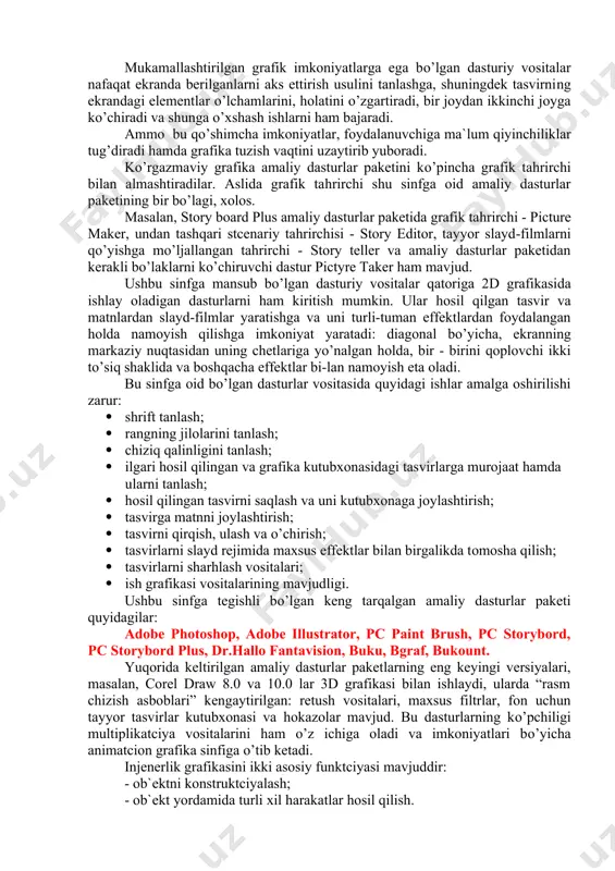 x va u li diagramma - x-u 2d turidagi bunday grafiklarni jadval protcessorlarining eng sodda variantlarida ham hosil qilish mumkin: sc3, sc4, ms excel, lotus 1/2/3, fw-1/2/3 va hokazo. 3d turidagi grafika amaliy dasturlar paketining eng oxirgi versiyalarida amalga oshirilgan. (masala, sc5.6; fw-4; faxgraph, statgraphics - 3.5; quattropro 4.0 va xokazo). mukamallashtirilgan grafik imkoniyatlarga ega bo’lgan dasturiy vositalar nafaqat ekranda berilganlarni aks ettirish usulini tanlashga, shuningdek tasvirning ekrandagi elementlar o’lchamlarini, holatini o’zgartiradi, bir joydan ikkinchi joyga ko’chiradi va shunga o’xshash ishlarni ham bajaradi. ammo bu qo’shimcha imkoniyatlar, foydalanuvchiga ma`lum qiyinchiliklar tug’diradi hamda grafika tuzish vaqtini uzaytirib yuboradi. ko’rgazmaviy grafika amaliy dasturlar paketini ko’pincha grafik tahrirchi bilan almashtiradilar. aslida grafik tahrirchi shu sinfga oid amaliy dasturlar paketining bir bo’lagi, xolos. masalan, story board plus amaliy dasturlar paketida grafik tahrirchi - picture maker, undan tashqari stcenariy tahrirchisi - story editor, tayyor slayd-filmlarni qo’yishga mo’ljallangan tahrirchi - story teller va amaliy dasturlar paketidan …