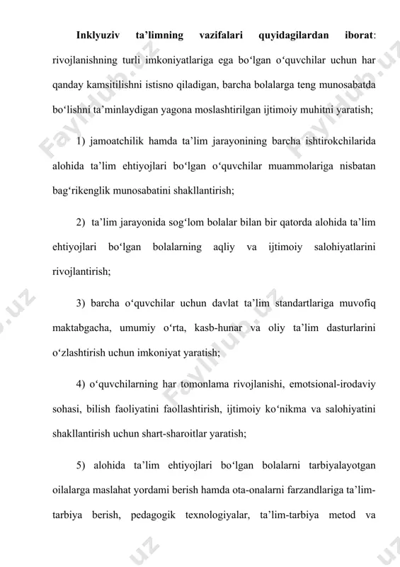 kon omillari shu ta’lim talablariga to’la javob berishi kerak. maktab darajasida integratsiyani muvaffaqiyatli kiritishga bir necha o’zaro bog’liq omillar ta’sir ko’rsatadi. markaziy omil o’quv dasturiga kiritish imkoniyatidir. shuningdek, binolarning jismoniy joylashuvi, o’qish uchun imkoniyat va moliyalashgan imkon ham asosiy omilllardandir. inklyuziv ta’limda maktabdagi jismoniy sharoit ham katta o’rin tutadi. oddiy qilib aytadigan bo’lsak, barcha maktablar eshigiga o’quvchilar zinapoyalar orqali kirib boradilar. lekin bu zinapoyalardan maxsus aravachalarda yuradigan nogiron bolalar ko’tarila olmaydilar, hatto qo’ltiqtayoqda yuradigan bolalar ham, qiynalishlari mumkin. demak, zinapoyalardan ham , eshiklardan ham sog’lom bolalar bilan birga nogiron bolalar ham bemalol o’tishlari uchun qulay sharoit yaratilishi shart. bundan tashqari, sinf xonalari va laboratoriyalardagi maxsus o’rindiq hamda moslamalar ham nogiron bolalarga mos bo’lishi kerak. o’qishga imkon yaratish ham juda muhimdir. yozish qobiliyatlarida buzilish mavjud bo’lgan bolalarga tovush va tasvirni kattalashtirish etarli bo’lmaydi inklyuziv maktabgacha ta'lim tashkilotlarining o'ziga xos xususiyatlari: 1) alohida ehtiyojga muhtoj bolalarning umumiy ta'limi bilan muntazam guruhlarda pedagoglar …