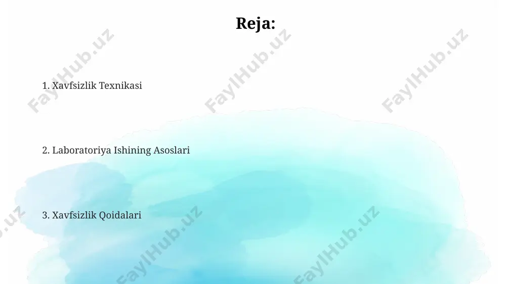ash, shuningdek, himoya vositalaridan (xalat, ko‘zoynak) foydalanish majburiydir. laboratoriya ishlarini bajarishda 1-2 kishidan ortiq bo‘lmagan guruhda ishlash, har bir tajriba oldidan qo‘llanmani diqqat bilan o‘qish tavsiya etiladi. laboratoriya xonasida kamida 2-3 ta yong‘in o‘chirgich va 1 ta birinchi tibbiy yordam qutisi bo‘lishi shart, ularning joylashuvi xodimlarga aniq ma’lum bo‘lishi kerak. kimyoviy moddalar bilan ishlash qoidalari reaktivlarni aralashtirishda, 5-10 ml dan oshmasdan asta-sekin qo'shing, har bir qo'shilishdan keyin reaksiya muhitini kuzating, ehtiyotkorlik bilan reaksiyani boshqaring. kimyoviy moddalarni 1-sinfdan 4-sinfgacha bo'lgan xavf darajalariga qarab saqlash va ishlatish bo'yicha maxsus ko'rsatmalarga rioya qiling, bu sizning xavfsizligingizni ta'minlaydi. kislotalar va ishqorlar bilan ishlashda, neytrallash uchun 10% li soda eritmasini va 1% li sirka kislotasi eritmasini doimo qo'lda tuting. xavfsizlik qoidalari va yo'riqnomalari laboratoriyada 20 dan ortiq kishi bir vaqtning o'zida ishlashi mumkin emas, har bir ish joyi kamida 1.5 kvadrat metr maydonni egallaydi. yong'in xavfsizligi uchun o't o'chirgichlar, qum idishlari va favqulodda chiqish yo'llari …