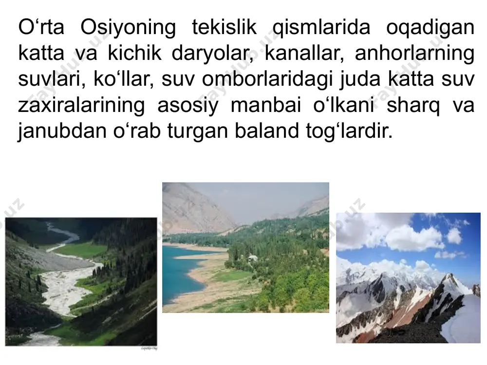 'zgaradi va to'lin suv davri eng kеch, asosan iyul -avgust oylarida bo'lib o'tadi. buning xalq xo'jaligi uchun ahamiyati katta. ravshanki bu tipdagi daryolarning suv yig'ish maydonlari eng baland bo'ladi. shu sababdan muzlik - qor suvlari bilan to’yinadigan eng yirik daryolar asosan, pomir-oloy tog sistеmasining eng baland tizmalarida (panj, vaxsh, zarafshon daryolari). bunday daryolar tyanshanda (norinning yuqori qismida) orqaili, jungoriya olatogining shimoliy yonbagrida uchraydi. ikkinchi, (qor-muzlik) tipidagi daryolarning oqimi ko'proq mavsumiy qor va kamroq miqdorda mangu qorlarning erish hisobiga hosil bo'ladi; muzlik suvlarini hissasi ancha kam -yillik oqimning 15% gacha bo'lgan kismini tashkil etadi. bu tipdagi daryolarda oqimning midori u yildan bu yilga birinchi tip daryolardagiga nisbatan ko'proq o'zgaradi, to’lin suv davrida suv sathi baland bo'lmaydi, lеkin bu davr ancha uzoq martdan iyungacha davom etadi. to’lin suv davridagi oqimning eng ko'p qismi may -iyun oylariga to‘g’ri kеladi. bu tipdagi daryolarning suv yigiladigan maydonlari har xolda ancha baland bo'ladi, ular sirdaryo havzasida …