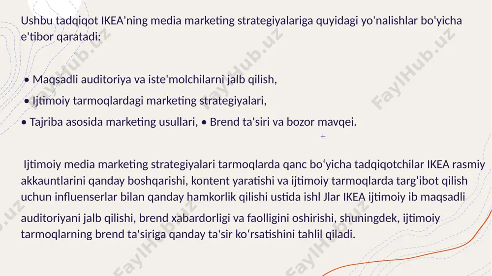 tiyojlarini qondirishi va brend obro‘sini oshirishi mumkin. xulosa ushbu tadqiqot ikea ning media marketing strategiyalari va mijoz tajribasini yaxshilash bo‘yicha tahlilni taqdim etadi. tadqiqot shuni ko‘rsatadiki, samarali marketing usullari brendni targ‘ib qilish, mijozlarni jalb qilish va ularning sadoqatini oshirishda muhim rol o‘ynaydi. shuningdek, ikea yangi texnologiyalar, raqamli platformalar va barqarorlikka e’tibor qaratish orqali raqobatbardoshligini mustahkamlashi mumkin. tadqiqotning cheklovlariga qaramay, kelajakdagi izlanishlar narx siyosati va brend kengaytirish strategiyalarini o‘rganish orqali ikea ning marketing yondashuvlarini yanada rivojlantirishga yordam berishi mumkin. image1.png image2.png image3.png image4.png image5.png image6.png image7.jpeg image8.png image9.png image10.png image11.png image12.png image13.png