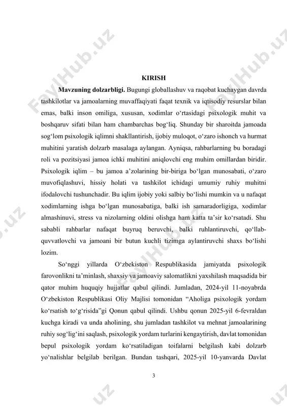 motivatsiyaning pasayishiga olib keladi. yuqoridagilardan kelib chiqib aytish mumkinki, jamoada psixologik iqlimni sog‘lom saqlash va uni doimiy ravishda ijobiy yo‘nalishda rivojlantirish – rahbarning eng muhim vazifalaridan biridir. ushbu mavzuni o‘rganish orqali biz zamonaviy tashkilotlarda samarali boshqaruvning psixologik asoslarini tahlil qilamiz, rahbarning jamoaviy muhitga ta’sirini baholaymiz va amaliy tavsiyalar ishlab chiqamiz. bu nafaqat ilmiy, balki amaliy ahamiyatga ega bo‘lgan dolzarb mavzulardan biridir. muammoning oʻrganilganlik darajasi. "jamoada psixologik iqlim va rahbarning roli" mavzusi o‘zbekiston psixologiya fanida dolzarb yo‘nalishlardan biri bo‘lib, bu borada bir qator olimlar tomonidan ilmiy tadqiqotlar olib borilgan. ushbu mavzu doirasida olib borilgan tadqiqotlar rahbarlik faoliyatining psixologik jihatlari, jamoaviy muhitga ta’siri va boshqaruv uslublarining samaradorligini o‘rganishga qaratilgan.masalan, z.n. yo‘lchiyevaning “boshqaruv psixologiyasi” nomli asarida rahbar faoliyatining psixologik tarkibi uchta asosiy komponentga ajratilgan: ijodiy hamkorlik, o‘zaro tashkilotchilik va muloqot qobiliyati. muallif rahbarning do‘stona munosabati jamoaning psixologik muhitiga va mehnat natijalariga ijobiy ta’sir ko‘rsatishini ta’kidlaydi. shuningdek, rahbarning haddan tashqari ochiqligi yoki izolyatsiyasi ishchilarning …
