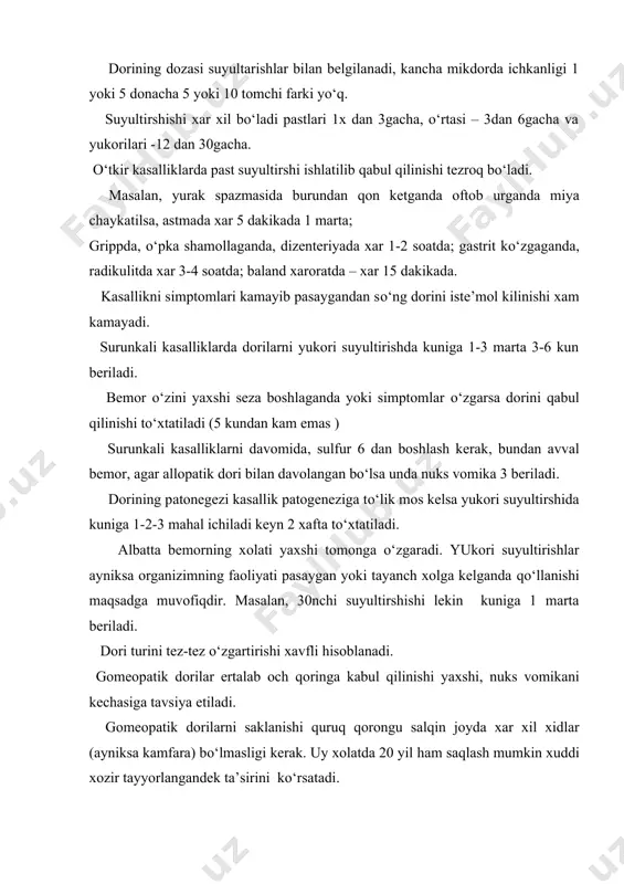 , xar xil o‘tkir marinadalar, konfet, shokolad, kofe, achchik choy, yongok, bodom, konservalar, tuz, tamaki achchik achuklar ma’n etiladi. engil to‘ymli ovkatlar xar doim bitta vaktda yaxshilab chaynab iste’mol qilinadi, gigienaga turi rejimga rioya qilinishi tinch- xotirjamlik bo‘lishi kerak. charchab kolishi, asab buzilishidan extiyotlik qilinishi lozim. patogenez nima? bu dorivar modda bilan zaharlanganda (katta dozasi soglom organizm tomonidan kilingan) asosiy doim kaytariladigan va shu dori turini belgilaydigan simptomlar ko‘rsatmasi. kasallikni nomi kompleks simptomlarga mos kelishi asosiy deb hisoblanadi. molchanov qo‘llanmasi t. popovaning materiya medika va v. shvabe farmakopeyasidan dorilardan akonit, belladonna, ignatsiya, sulfur, sinkum ko‘rib chikiladi. organizimning reaksiyasini oshiruvchi maxsus ta’sirli dorilar. gomeopatik dori turi tanlanganda u xech kanday ta’sir ko‘rsatmaydi chunki organizm uni qabul qilmagan. organizmning doriga bo‘ladigan reaksiyasini oshirish maqsadida quyidagi vositalardan biri kuniga 3 marta 2-4 kun davomida beriladi. 1. sulfur 6 – birinchi o‘rinda va bemorda avval kasalligi bo‘lgan bo‘lsa. 2. karbo vegetabilis 6 – ichki …