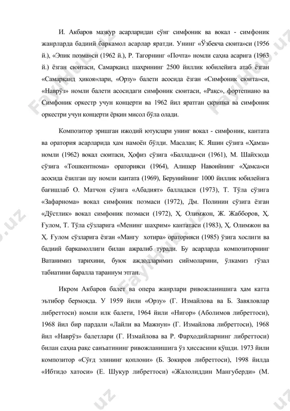 бтидо хатоси» (e. шукур либреттоси) «жалолиддин мангуберди» (м. шайхзода) операларини яратди. композитор и. акбаров мусиқали драма ва комедиялар басталаб, шу жанрларнинг ривожланишига баракали ҳисса қўшиб келмоқда. у 1969 йил з. фатхулин пъесаси асосида «кумуш тўй»; 1969 йили т. тўла пъесаси асосида «қиз булоқ»; с. азимов пъесаси асосида «юлдузларни кўраман»; чингиз айтматовнинг «момо ер» асари асосида т. тўла либреттоси асосида 1965 йил мусиқали драма, г. лорка пъесаси асосида 1973 йил «қонли тўй», и. султон пъесаси асосида 1985 йил «кумуш шаҳарнинг маликаси» мусиқали драмалари; ж. жабборов пъесалари асосида «ўжарлар» (1973), «тўйдан олдин томоша» (1983), «йиллар ўтиб» (1975) комедиялари учун ёрқин мусиқа басталади. мазкур саҳна асарларининг ғоявий мазмунидан, вокеаларнинг ривожидан, қаҳрамонларнинг руҳий ҳолатларидан келиб чиққан ҳолда мусиқий образлар яратди. бу асарлардан ташқари драмаларга ҳам мусиқа басталади: «почта» (р. тагор пъесаси), «замон драмаси» (с. азимов пъесаси), «йўлчи юлдуз» (к. яшин пъесаси), «табассум ўғрилари» (шукрулло пъесаси). композитор ўзининг дилбар қўшиқлари билан халқимиз ўртасида машҳур бўлди. …