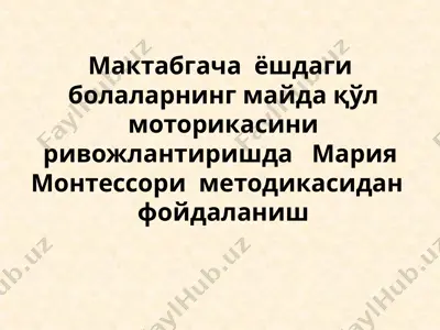 мактабгача ёшдаги болаларнинг майда қўл моторикасини ривожлантиришда мария монтессори методикасидан фойдаланиш — PPTX