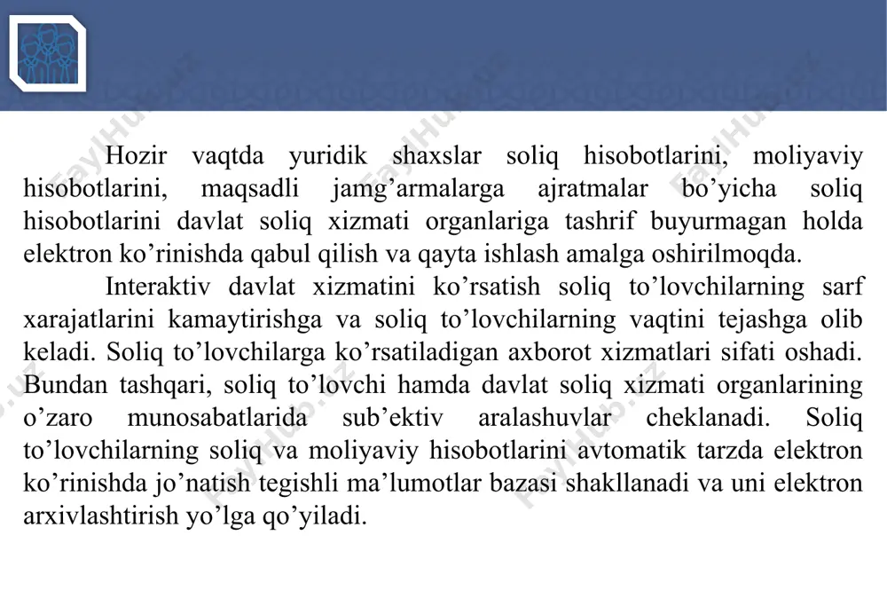 liyaviy hisobotlarni taqdim etishda o’zbekiston respublikasi moliya vazirligi va davlat soliq qo’mitasining qarorlari bilan tasdiqlangan hamda o’zbekiston respublikasi adliya vazirligi tomonidan ro’yxatga olingan hisobot shakllaridan foydalaniladi. «elektron soliq hisobotlari» interaktiv davlat xizmatidan foydalanuvchilar kunning istalgan vaqtida, doimiy ravishda foydalanishlar mumkin. «elektron soliq hisobotlari» interaktiv davlat xizmatidan davlat soliq qo’mitasining rasmiy www.soliq.uz sayti orqali foydalanish uchun elektron raqamli imzo talab qilinadi. «elektron soliq hisobotlari» interaktiv davlat xizmati bepul ko’rsatiladi. elektron soliq hisobotini jo’natish uchun elektron raqamli imzo qo’llanilgan holda davlat soliq qo’mitasining rasmiy www.soliq.uz saytidagi «soliq to’lovchi yuridik shaxsning shaxsiy kabineti»ga kirib, tegishli sahifaga kirish lozim. davlat soliq qo’mitasining rasmiy saytida soliq to’lovchilariga tasdiqlangan shakllardagi soliq hisobotlarini elektron ko’rinishda shakllantirish imkoniyati yaratilgan. shu jumladan, hisobotlarda soliq to’lovchining identifikatsiya raqami, soliq davri, soliq summasi, elektron hujjatni jo’natuvchi soliq to’lovchining nomi, elektron hujjatni jo’natuvchining pochta va elektron manzili, hujjat yaratilgan sana ko’rsatilishi lozimligi ko’zda tutilgan. elektron ko’rinishda shakllantirilgan soliq hisobotlarining himoyasini ta’minlash maqsadida …