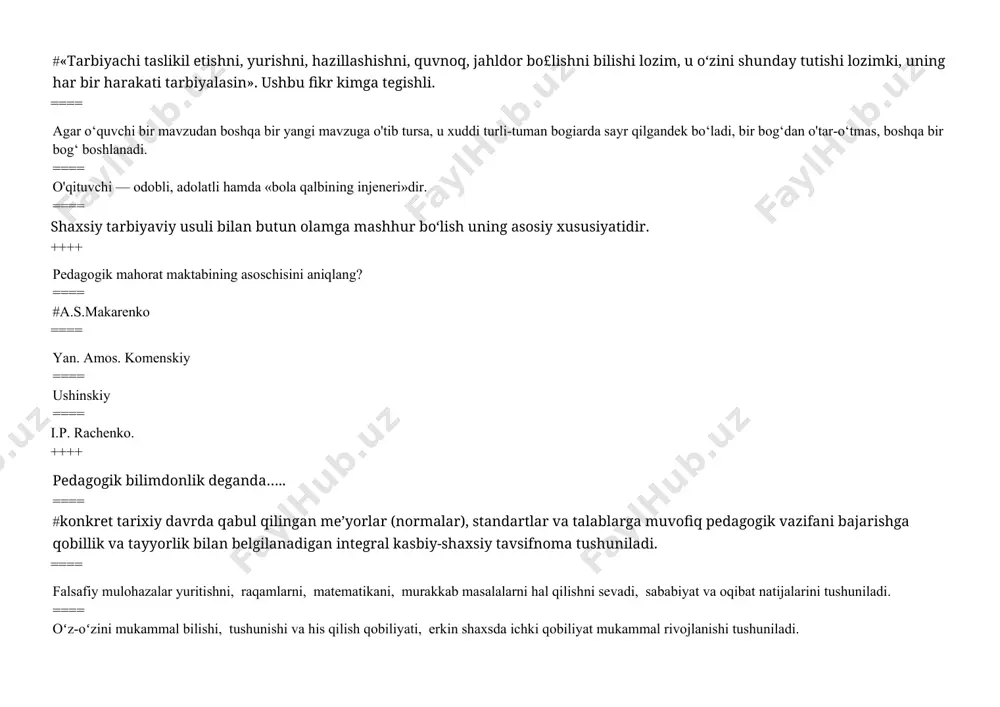 suliyatli, adolatli,halol, bilimli, qobiliyatli, iymon-e’tiqodi, dunyo qarashining kengligi, faolligi, odob-axloqi, fuqarolik burchini his qilishi manaviyati, dilkashligi, talabchanligi, ==== akademik qobiliyat egasi, tashkilotchi, iymon-e’tiqodi, dunyo qarashining kengligi, faolligi, odob-axloqi, fuqarolik burchini his qilishi manaviyati, dilkashligi, talabchanligi, qat’iyligi va o'z maqsadlarig; intilishi, insonparvarligi ++++ o'qituvchilarning kasbiy xususiyatlariga: ==== #o'z kasbini, bolalarni sevi shi, ziyrakligi, hozirjavobligi, vazminligi, pedagogik nazokati, tasawuri qobiliyati, tashkilotchiligi, notiqlik madaniyati, chuqur va keng ilmiy saviyasi, kasbiy layoqatliligi, ma’naviy ehtiyoji va qiziqishi, intellekti, yangilikni anglay va qo'llay olishi, kasbiy ma’lumotni mvintazam oshirishga nisbatan intilishi va boshqa fazilatlari kiradi ==== iymon-e’tiqodi, dunyo qarashining kengligi, faolligi, odob-axloqi, fuqarolik burchini his qilishi manaviyati, dilkashligi, talabchanligi, qat’iyligi va o'z maqsadlarig; intilishi, insonparvarligi, huquqiy bilimdonligi mamlakatimizning ijtimoiy-siyosiy talablariga o'z fikr-mulohazasi bilan faol ishtirok etishi ==== ma’suliyatli, adolatli,halol, bilimli, qobiliyatli, iymon-e’tiqodi, dunyo qarashining kengligi, faolligi, odob-axloqi, fuqarolik burchini his qilishi manaviyati, dilkashligi, talabchanligi, ==== akademik qobiliyat egasi, tashkilotchi, iymon-e’tiqodi, dunyo qarashining kengligi, faolligi, odob-axloqi, fuqarolik burchini …