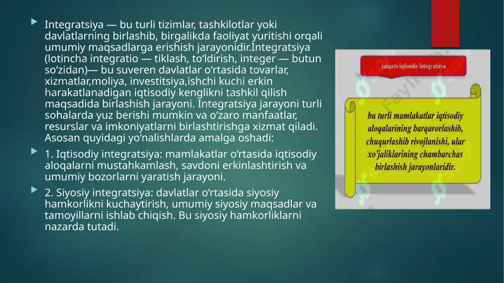 ro hududi bunday ittifoqqa misol bo‘la oladi. bu bosqichda davlatlar iqtisodiy siyosatlarini muvofiqlashtiradi va iqtisodiy barqarorlikni mustahkamlaydi. markaziy osiyo hududidagi siyosiy integratsiyada hududdagi deyarli barcha respublikalar faol ishtirok etadi. markaziy osiyo mintaqasidagi siyosiy integratsiya — mintaqadagi davlatlarning (oʻzbekiston, qozogʻiston, qirgʻiziston, tojikiston, turkmaniston) o‘zaro hamkorlikni rivojlantirish, siyosiy va iqtisodiy barqarorlikni mustahkamlash, xavfsizlikni taʼminlash hamda umumiy taraqqiyot maqsadlarini amalga oshirish yo‘lidagi birlashuvi deb qarasak aslo mubolagʻa bo’lmaydi. qo’shnilarimiz ham iqtisodiy ham siyosiy ham ijtimoiy sohalarda hamkorlik qilishi mintaqada yaxshi qo’shnichilik aloqalari o'rnatilganligini yana bir yorqin belgisidir. shuningdek mintaqa davlatlari o’rtasida integratsiyaga bo’lgan ehtiyoj tobora ortib bormoqda oʻzbekistonning so’nggi yillardagi ochiqlik siyosati qozogʻistonning mintaqaviy integratsiya tarafdori ekanligi qirgʻiziston va tojikiston respublikalarining chegaradosh masalalarni yechish yo’lidagi sa’y harakatlar bularning barchasi markaziy osiyo hududida integratsiya jarayonlari rivojlanishiga zamin yaratmoqda. oʻzbekiston xalqaro hamkorlikda tobora faol va ochiq siyosat yuritib, markaziy osiyo mintaqasi hamda global maydondagi rolini kuchaytirmoqda. bu jarayonda quyidagi asosiy yoʻnalishlar ajralib turadi: 1. markaziy …