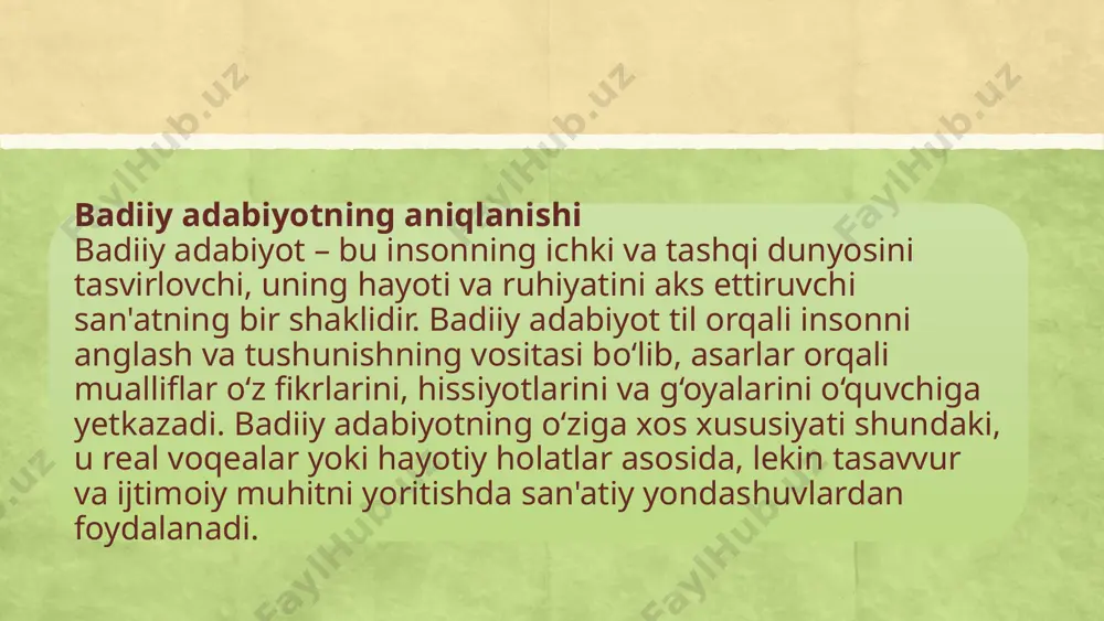 siy va estetik holatini aks ettiruvchi, badiiy qiymatga ega bo‘lgan asar. badiiy asarning yaratilish jarayoni ijodkorning o‘z ichki dunyosini, hayotiy tajribasini, fikr va g‘oyalarini san'atiy shaklga keltirishni o‘z ichiga oladi. badiiy asar yaratilishi uchun ijodkor ko‘pincha o‘z jamiyatini va uning muammolarini tahlil qiladi, o‘zi uchun muhim bo‘lgan mavzularni tanlaydi, va bu mavzularni ijodiy tarzda ifodalash uchun til, obrazlar, ramzlar va kompozitsiyani ishlatadi. asar yaratilish jarayonida ijodkor faqat o‘zini emas, balki jamiyatni, uning tarixini va qadriyatlarini ham aks ettiradi. shunday qilib, badiiy asar yaratilish jarayoni nafaqat ijodkorning shaxsiy jarayoni, balki uning o‘z jamiyatidagi o‘rni va rolini anglashdir. badiiy kommunikatsiya va o‘quvchi bilan aloqasi badiiy asar, ayniqsa, o‘quvchi bilan kommunikatsiya o‘rnatishda markaziy o‘rin tutadi. badiiy kommunikatsiya – bu ijodkorning o‘z g‘oyalari va fikrlarini, o‘quvchi yoki tomoshabin bilan o‘zaro aloqada bo‘lishini anglatadi. badiiy asar orqali ijodkor o‘quvchiga his-tuyg‘ularini, dunyoqarashini, ijtimoiy va axloqiy masalalar bo‘yicha fikrlarini yetkazadi. o‘quvchi esa asarni o‘qish orqali, uning ma'nosini …
