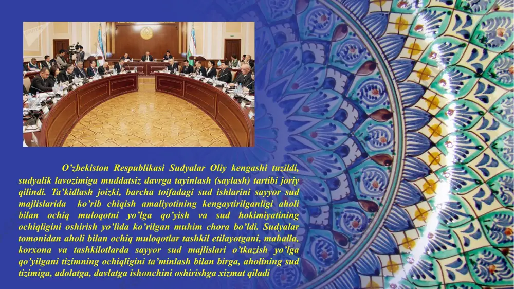 liysud.uz va www.supcourt.uz manzillari bo’yicha sayt joylashtirildi. endilikda ushbu tizim orqali fuqarolik ishlari bo’yicha sudlarga elektron murojaat qilish bilan birga sud majlislarining jadvali, kuni va vaqtidan elektron tarzda xabardor bo’lish, barcha sud qarorlari bilan tanishish mumkin. mustaqillik yillarida sud – huquq sohasini izchil demokratlashtirish va erkinlashtirish, sud hokimiyati mustaqilligini mustahkamlash, fuqarolar huquq hamda erkinliklarini himoya qilish tizimi samaradorligini oshirish bo’yicha ulkan ishlar qilindi. xalqaro normalarga mos soha qonunchiligi shakllantirilib, muntazam takomillashtirib borildi. aytish mumkinki, mazkur yo’nalishdagi deyarli barcha normativ – huquqiy hujjatlar bilan tasdiqlangan chora – tadbirlar dasturlarida, avvalambor, inson fuqaro huquq va erkinliklari u qanday maqomda faoliyat ko’rsatishidan qat’iy – nazar, birlamchi ekanligi, ularning manfaatlarini himoya qilish va bunda, sud organlarining roli hamda mas’uliyatini oshirishga alohida e’tibor qaratilganligini ko’rish mumkin. odil sudlovni amalga oshirish sifatini yaxshilash, fuqarolarning huquqlari, erkinliklari va qonuniy manfaatlari himoyasi kafolatlarini kuchaytirish maqsadida, shuningdek, 2017-2021 yillarda o’zbekiston respublikasini rivojlantirishning beshta ustuvor yo’nalishi bo’yicha harakatlar strategiyasiga muvofiq, …