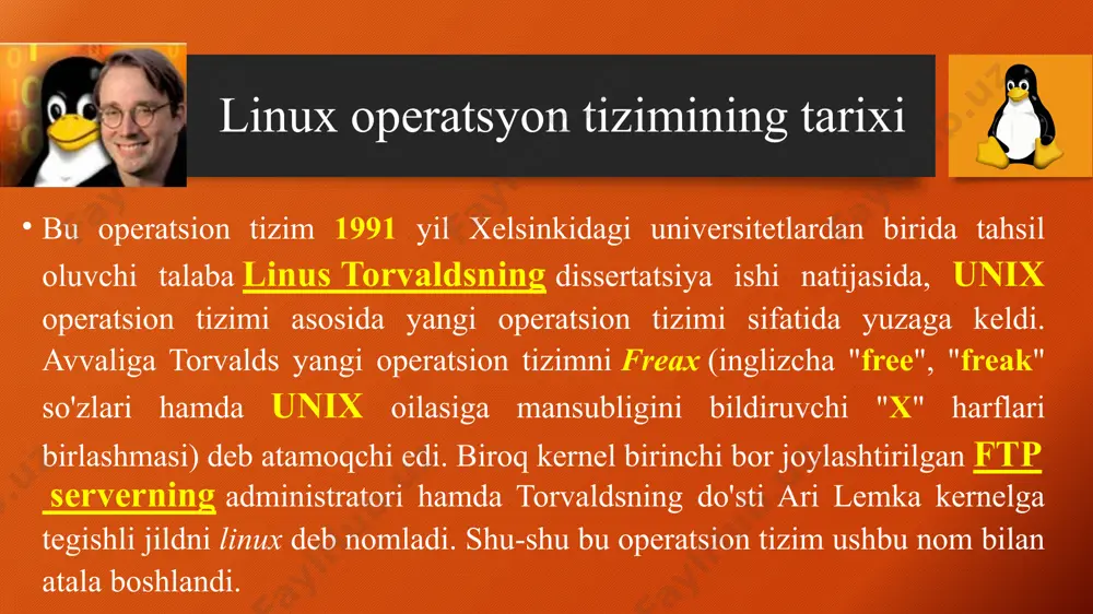 rni bajarishga ruxsat beradi. unix ot to'rt yil ichida rivojlanib mashhur bo'lishida universitet va kollej talabalari uhim o'rin tutgan. unix ot 1975 yil keng rivojlanib foydalanish darajasiga yetganida, nominal narxda o'quv yurtlarida foydalanish taklifi berildi. o'z navbatida o'quv yurtlarida talabalar o'zining ilmiy kompyuter dasturlarida ishlatishgan. unix ot rivojlanib orishi natijasida talabalar dasturlashda murakkab masalalarni yechish imkoniyatlari paydo bo'ldi. universitetni tugatgan talabalar ishlab chiqarish sohalarida unix ot ni qo'llash bo'yicha va ularni kommersal yo'nalishda rivojlantitirishgan. unix unix otni sohalarga qo'llash bo'yicha qo'shimcha o'zgartirishlar kiritish maqsadida kaliforniyaning berkli universitetidagi csrg (computer systems research group) mavjud bo'lgan funksiyalarga qo'shimcha o'zgartirishlar kiritib unix ot yangi versiyasi ya'ni bsd (berkeley unix, berkeley software) versiyasi vujudga keldi. at&t va unix system laboratories tomonidan yaratilgan unix v (svr4) ham mavjud. linux imkoniyatlari ilovalar: linux ot ning pullik va pulsiz versiyalari uchun keng ko'lamda ilovalarning mavjudligi hamda web server, tarmoq havsizligi, administratsiyalash, grafik instrumentlarining keng mashtabdaligi bilan avzal …