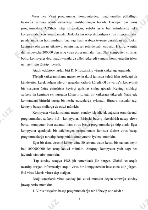 nan viruslar joq etiledi, eger sistemanıń basqa ob'ektleri buzılmasa. sonı da atap ótiw kerek, viruslar tásirinen zıyandi kemeytiw ushın biypul antivirustı júklep alıw da talap etiledi. virus programmaların anıqlaw ushın antiviruslar tárepinen qollanılatuǵın eki texnologiya variantı bar. mısalı, siz qol analizi texnologiyaları yamasa itimallıq analizi texnologiyaları tiykarında isleytuǵın biypul antivirustan paydalanıwıńız múmkin. birinshi variant virustı anıqlaw usılı bolıp, ol fayllar ishinde virus qolları bar ekenligin tekseriwdi óz ishine aladı. bul túrdegi analiz viruslardı anıqlawdıń eń ataqlı usılı bolıp, ol barlıq zamanagóy antiviruslar tárepinen qollanıladı. búgingi kúnde jeke kompyuterlerden ǵalabalıq paydalanıw, ókiniw menen aytamız, kompyuterdiń normal islewine tosqınlıq etiwshi, disklardıń fayl dúzilisin buzatuǵın hám kompyuterde saqlanatuǵın maǵlıwmatlarǵa zıyan jetkeretuǵın viruslı programmalardıń payda bolıwı menen baylanıslı bolıp shıqtı. sol munasábet penen, jeke maǵlıwmatlardı qorǵaw hám jeke kompyuterlerdiń normal islewi endi hár qashanǵınan da aktual bolıp tabıladı. ǵalaba xabar qurallarında kompyuter gúdibuzarlarınıń hár túrlı túrdegi pirat hıyleları, barǵan sayın rawajlanǵan zıyanlı programmalardıń payda …