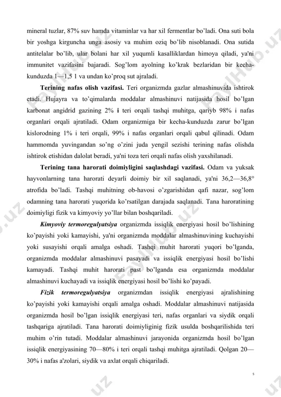 inuvi natijasida organizmda hosil bo’lgan issiqlik energiyasi teri, nafas organlari va siydik orqali tashqariga ajratiladi. tana harorati doimiyliginig fizik usulda boshqarilishida teri muhim o’rin tutadi. moddalar almashinuvi jarayonida organizmda hosil bo’lgan issiqlik energiyasining 70—80% i teri orqali tashqi muhitga ajratiladi. qolgan 20—30% i nafas a'zolari, siydik va axlat orqali chiqariladi. teri orqali issiqlik uch usulda: nurlanish, bug’lanish va o’tkazish (kiyimlarga, tashqi muhit havosiga o’tkazish) yo’li bilan ajraladi. tashqi muhit harorati odam tanasining haroratidan past bo’lgan vaqtda organizmdan issiqlik nurlanish va o’tkazish yo’li bilan ajratiladi. agar tashqi muhit harorati tana harorati bilan teng va undan yuqori bo’lsa, organizmda issiqlik energiyasi bug’lanish yo’li bilan ajratiladi, ya'ni ter bezlaridan ajraladigan ter bug’lanishi uchun issiqlik energiyasi sarflanadi. 1 ml ter bug’lanishiga 0,58 kkal issiqlik energiyasi sarfianadi. tashqi muhit harorati 15—20° atrofida bo’lganida tinch holatda o’tirgan odamda moddalar almashinuvidan hosil bo’lgan ortiqcha issiqlik energiyasining 45% i teridan nurlanish, 30% i o’tkazish va 25% i bug’lanish …