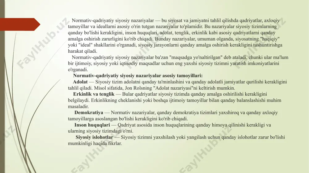 hishni tavsiya qiladi. 6 sotsializm nazariyasi ijtimoiy adolat sotsializm ijtimoiy adolatni ta'minlashni va boylikni teng taqsimlashni maqsad qiladi. bu nazariya shaxsiy mulkchilikni cheklash va resurslarni jamiyat tomonidan boshqarishni taklif qiladi. davlat roli sotsializmda davlat iqtisodiyotni boshqarishda muhim rol o'ynaydi. u resurslarni taqsimlaydi, ishsizlikni kamaytirishga harakat qiladi va jamiyatning ehtiyojlarini qondirishga harakat qiladi. ishchilarning huquqlari sotsializm ishchilarning huquqlarini himoya qilishni va ularning mehnati natijasidan foyda olishini ta'minlashni maqsad qiladi. bu nazariya ishchilarning ishlab chiqarish jarayonida ishtirok etishini va ularning ovoziga ega bo'lishini ta'kidlaydi. 7 demokratiya nazariyalari (j. madisson, a. de tokvil) 1 xalq suvereniteti demokratiya xalq suvereniteti g'oyasiga asoslangan bo'lib, xalq o'z hukmdorlarini tanlaydi va ularning faoliyatini nazorat qiladi. 2 siyosiy ishtirok demokratiya fuqarolarni siyosiy jarayonga ishtirok etishga rag'batlantiradi, masalan, saylovlarda ovoz berish, siyosiy partiyalarga qo'shilish va ommaviy axborot vositalari orqali o'z fikrlarini bildirish. 3 huquqlarni himoya qilish demokratiya inson huquqlari va erkinliklarini himoya qiladi, shuningdek, qonun oldida tenglik va sudlarning …