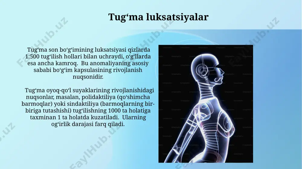 ps yoki shinalar, qoʻllaniladi, muvaffaqiyat darajasi kontrakturaning ogʻirligiga bogʻliq. amputatsiya kabi jiddiy tugʻma nuqsonlar bilan birga keladigan kontrakturalar holatlarning atigi 5% ni tashkil etadi, lekin ular juda ogʻir asoratlarga olib kelishi mumkin. osteogenez imperfecta kasallikning ogʻirlik darajasi i dan iv tipigacha boʻlib, tipga qarab klinik koʻrinishlar ham farq qiladi va iv tip eng ogʻir hisoblanadi. osteogenez imperfectaga kollagen i sintezidagi genetik nuqson sabab boʻladi, bu esa suyak toʻqimasining zaiflashishiga olib keladi. axondroplaziya aksonoplazida, suyaklarning uzunligi oʻsishining cheklanganligi tufayli, boʻyli 4 futdan kam boʻlgan kattalarga xos boʻlgan proporsiyaga ega boʻladi. aksonoplaziyaning eng keng tarqalgan turi fgfr3 genidagi mutatsiyalar bilan bogʻliq boʻlib, bu gen skelet rivojlanishida muhim rol oʻynaydi. oʻsishning buzilishi oʻsishning buzilishiga sabab boʻluvchi 200 dan ortiq genetik sindromlar aniqlangan boʻlib, ular skeletning turli qismlariga taʼsir qiladi va oʻsishning turli darajadagi anomaliyalariga olib keladi. akraal-miya displaziyasi kabi baʼzi sindromlar, oyoq-qoʻllar, bosh suyagi va yuzning oʻsishini sezilarli darajada pasaytiradi, bu esa 1 …
