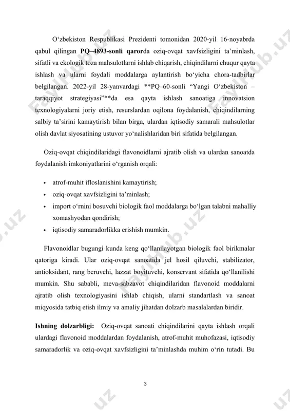 salarini tahlil qilish; · flavonoidlarni ajratib olishda qo‘llaniladigan usullar (ekstraksiya, chromatografiya, suyuqlik bilan ajratish)ni amaliy qo‘llash; · ajratilgan flavonoidlarning miqdoriy va sifat ko‘rsatkichlarini baholash; · flavonoidlarning sanoatdagi amaliy qo‘llanilish sohalarini asoslash. ishning amaliy ahamiyati: ushbu ish natijalari asosida oziq-ovqat sanoati chiqindilarini qayta ishlash orqali flavonoidlar kabi qimmatli moddalarni olish, ularni farmatsevtika, oziq-ovqat, kosmetika sanoatiga tatbiq etish imkoniyatlari yaratiladi. bu esa chiqindilarni foydali mahsulotga aylantirish orqali iqtisodiy va ekologik foyda keltiradi. meva va sabzavotlarda keng tarqalgan flavonoidlar o'simliklarning o'sishi, rivojlanishi va saqlanishining turli bosqichlari uchun zarurdir. bundan tashqari, flavonoidlar inson salomatligiga sezilarli foydali ta'sir ko'rsatishi ko'rsatildi, inson salomatligi bilan bog'liq holda, flavonoidlar qarish bilan kurashish, yallig'lanishni yumshatish, asab tizimini himoya qilish va umumiy farovonlikni oshirish qobiliyati bilan tanilgan. flavonoidlar o‘simliklarning ko‘p qismlarida, jumladan, barglari, gullari, ildizlari, poyalari va urug‘larida ko‘p uchraydi [1]. meva va sabzavotlarda mavjud bo'lgan keng tarqalgan kichik sinflarga flavonlar, flavonollar, izoflavonlar, antosiyaninlar, kalkonlar, digidroflavonollar, digidroflavonlar, proantosianidlar va flavonoid …
