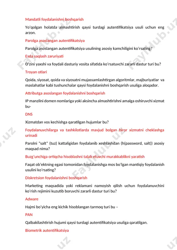 tabiy tahdidga misol bo‘ladi? yong’in, suv toshishi, harorat ortishi 64 ta belgidan iborat sezar shifrlash usilida kalitni bilmasdan turib nechta urinishda ochiq matnni aniqlash mumkin? 63 esda saqlashni va olib yurishni talab etmaydigan autentifikatsiya usuli bu – biometrik autentifikatsiya biror narsani bilishga asoslangan autentifikatsiya deyilganda quyidagilardan qaysilar tushuniladi. pin, parol tashqi tarmoqdagi foydalanuvchilardan ichki tarmoq resurslarini himoyalash qaysi himoya vositasining vazifasi hisoblanadi. tarmoqlararo ekran ichki tarmoq foydalanuvchilarini tashqi tarmoqqa bo‘lgan murojaatlarini chegaralash qaysi himoya vositasining vazifasi hisoblanadi. tarmoqlararo ekran qaysi nazorat usuli axborotni fizik himoyalashda inson faktorini mujassamlashtirgan? ma’muriy nazoratlash paket filterlari turidagi tarmoqlararo ekran vositasi osi modelining qaysi sathida ishlaydi? tarmoq sathida qaysi turdagi shifrlash vositasida shifrlash jarayonida boshqa dasturlar kabi kompyuter resursidan foydalanadi? dasturiy zaiflik orqali at tizimi xavfsizligini buzish tomon amalga oshirilgan harakat bu? hujum qaysi biometrik parametr eng yuqori takrorlanmaslik xususiyatiga ega? ko’z qorachig’i osi tarmoq modeli nechta sathdan iborat? 7 ta ipv6 protokolida ip manzilni …