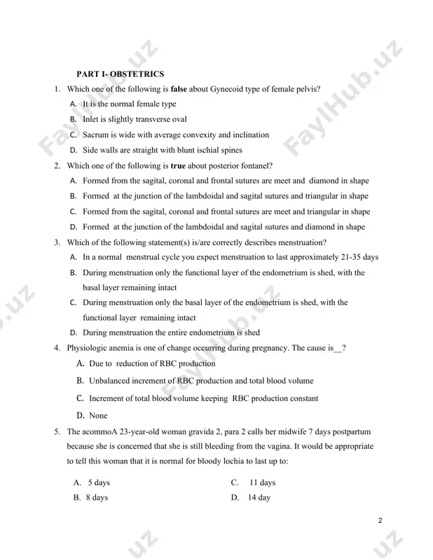 man that it is normal for bloody lochia to last up to: a. 5 days c. 11 days b. 8 days d. 14 day 6. a midwifery instructor is conducting a lecture and is reviewing the functions of the female reproductive system. he asks student x to describe the follicle-stimulating hormone (fsh) and the luteinizing hormone (lh), the student accurately responds by stating that: a. fsh and lh stimulate the formation of milk during pregnancy b. fsh and lh are secreted by the corpus luteum of the ovary c. fsh and lh are secreted by the adrenal glands d. fsh and lh are released from the anterior pituitary gland. 7. a woman is 22 years old and has missed two of her regular menstrual periods. her midwife confirms early intrauterine pregnancy and this is her first pregnancy. she is married and works as a salesperson in local department store. to …
