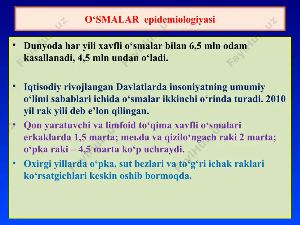 zilmalar va tomirlar betartib, ya’ni har xil yo‘nalishda joylanishi hujayra atipizmi – xavfli o‘sma to‘qimasida hujayralarning har xilligi, yadrosining katta-kichikligi, to‘q-ochligi, mitozlar ko‘pligi xavfsiz va xavfli o‘smalarning farqi metastaz – xavfli o‘sma hujayralarining gematogen, limfogen, perinevral va tutashish (kantakt) yo‘llari bilan boshqa a’zolarga tarqalishi. limfogen gematogen sarkomalar → asosan qon oqimi (gematogen) bilan metastazlanadi. rak → ko‘pincha limfa oqimi (limfogen) metastazlanadi. blastomalar → perinevral metastazlanadi. me’da-ichak yo‘li raklari ba’zida retrograd yo‘l bilan metastazlanishi mumkin. - agar rak ayollarda tuxumdonga metastazlansa – krukenberg metastazi deyiladi. - agar rak yo‘g‘on ichakga metastazlansa – shnisler metastazi deyiladi. - agar rak bo‘yin soha limfa tugunlariga metastazlansa – virxov metastazlari deyiladi. xavfli o‘smalarning metastazlanishi metastaz ayrim xavfli o‘smalarda, ya’ni melanoma, xorionkarsinomada darhol paydo bo‘ladi va juda tez o‘sadi. metastaz ba’zida, masalan: sut bezi rakida 7-10 yildan keyin paydo bo‘lishi mumkin. me’da raki o‘lchami 1-2 sm bo‘lanida, uning jigardagi metastazi 10-20 smgacha kattalashadi. residiv – o‘sma …