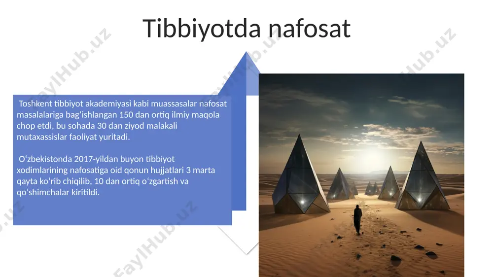 таъминлашга хизмат қилади. nafosatni saqlash usullari нафосатни сақлашда 5-10°c ҳароратдаги музлатгичлардан фойдаланиш самарали бўлиб, бундай шароитда 2-3 кунгача сақлаш мумкин. бу усул, айниқса, андижон вилоятидаги иссиқ кунларда самаралидир. ёғли нафосатни 3-5 кунгача сақлаш учун, уни 200 мл сиғимли стериллизация қилинган шиша идишларга жойлаб, +4°c да сақлаш тавсия этилади. бу усул фарғона водийсидаги уй шароитида ҳам қўлланиши мумкин. nafosatning kimyoviy tarkibi нафосат таркибидаги сув миқдори 5-10% атрофида бўлиб, бу унинг физик хоссаларига, хусусан, намлик сингдириш ва ушлаб туриш қобилиятига таъсир кўрсатади, бу эса қорақалпоғистон чўлларида аҳамиятлидир. нафосат таркибида 15-20% гача органик моддалар, хусусан, гумус ва гумин кислоталари мавжуд бўлиб, бу унинг тупроқ унумдорлигига ижобий таъсир кўрсатади, айниқса, фарғона водийси тупроқларида. e'tiboringiz uchun rahmat @taqdimot_robot image4.jpg image5.jpg image6.jpg image7.jpg image8.jpg image9.jpg image10.jpg image11.jpg image12.jpg image13.jpg image14.jpg image15.jpg image16.jpg image17.jpg image3.png image18.jpg image19.jpg image20.jpg image1.jpeg image2.jpeg