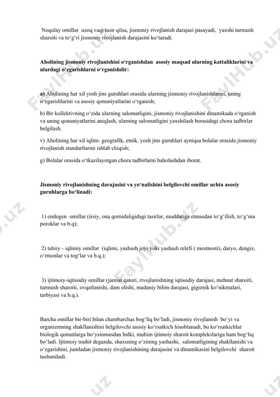 chaqaloqlar x 1000 tirik tug‘ilganlar soni b) kech neonatal o‘lim ko‘rsatkichi = 2-4 xaftalik davrda o‘lgan bolalar x 1000 tirik tug‘ilganlar soni 2. postneonatal o‘limga bir oylikdan bir yoshgacha bo‘lgan bolalar o‘limi kiradi. ko‘rsatkich quyidagicha hisoblanadi: postneonatal o‘lim ko‘rsatkichi = 1-12 oylikda o‘lgan bolalar soni x 1000 tirik tug‘ilgan bolalar – bir oylik bo‘lguncha (0-27 kun) o‘lgan bolalar soni perinatal o‘lim ko‘rsatkichi – o‘lik tug‘ilganlik ko‘rsatkichi va barvaqt o‘lim ko‘rsatkichlarning oddiy yig‘indisidan iborat emas, chunki bu ko‘rsatkichlarni hisoblash uchun bir-biridan farq qiladigan asoslar olinadi. perinatal davrga homiladorlikning 28 haftasidan boshlab to chaqaloq 7 kunlik bo‘lgancha bo‘lgan davr kiradi. perinatal o‘lim ko‘rsatkichi = o‘lik tug‘ilganlar bilan, bir hafta ichida o‘lganlar sonining yig‘indisi x 1000 tirik va o‘lik tug‘ilganlar soni aholining jismoniy rivojlanishi va uning o‘rganish usullari jismoniy rivojlanish aholi salomatligini baxolovchi ko‘rsatkichlardan biri hisoblanadi,chunki hozirgi paytda bu ko‘rsatkich boshqa ko‘rsatkichlar singari o‘zgarib turishi mumkin (kasallanish, o‘rtacha umr davomiyligi o‘lim, bolalar o‘limi, …