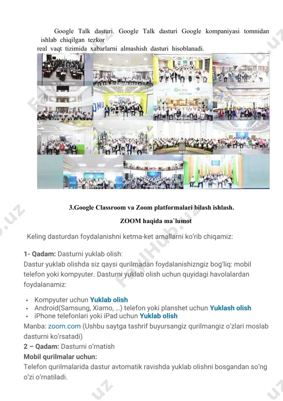 r yuklab olishda siz qaysi qurilmadan foydalanishizngiz bog’liq: mobil telefon yoki kompyuter. dasturni yuklab olish uchun quyidagi havolalardan foydalanamiz: · kompyuter uchun yuklab olish · android(samsung, xiamo, …) telefon yoki planshet uchun yuklash olish · iphone telefonlari yoki ipad uchun yuklab olish manba: zoom.com (ushbu saytga tashrif buyursangiz qurilmangiz o’zlari moslab dasturni ko’rsatadi) 2 – qadam: dasturni o’rnatish mobil qurilmalar uchun: telefon qurilmalarida dastur avtomatik ravishda yuklab olishni bosgandan so’ng o’zi o’rnatiladi. komputer uchun: yuklab olingan faylni ochamiz. 3 – qadam: ro’yhatdan o’tish yuqorida oynadan “sign in” tugmasini bosamiz: agar kompyuteringizda facebook yoki google profillarindan biri bo’lsa, sign in with google / facebook ni bosamiz. shu orqali kirish oson hech qanday login yoki parollarni yaratishga hojat yo’q va keyingi bosqichga o’tsangiz ham bo’ladi. agar ushbu profillaringiz bo’lmasa, “sign up free” tugmasini bosamiz. yoki quyidagi havolaga ham kirsa bo’ladi. ushbu oynadan so’ng tug’ilgan kuningiz va e-mail ma’lumotlaringizni kiritasiz. va e-mail aktivlash …