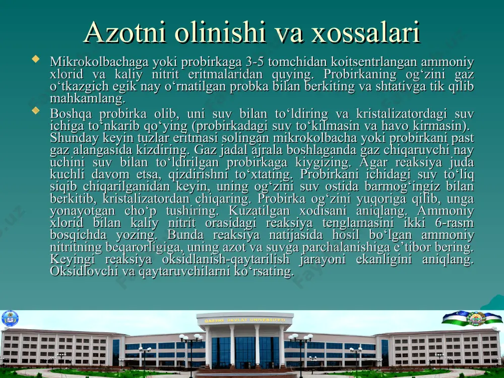ilan berkiting. probirkani shtativ qisqichiga mahkamlab, kuchsiz gaz alangasida qizdiring. gaz chiqaruvchi nay ustiga hо‘llangan qizil lakmus qog‘ozni tuting, lakmus rangining kо‘karishiga qarab, ammiak ajralayotganligiga ishonch hosil qiling. shisha tayoqchani konsentrlangan xlorid kislota bilan hо‘llab, gaz chiqaruvchi nayga yaqinlashtiring. nima kuzatiladi? kuzatilgan hodisani tushuntiring va yozing. reaksiya tenglamalarini yozing: a) ammiakning olinishi; b) ammiakning suv bilan ta’siri; v) ammiakning xlorid kislota bilan ta’siri. eritmadagi ammoniy tuzlarini olish. probirkaga 1-2 ml ammorny xlorid va shuncha о‘yuvchi natriy (yoki kaliy) eritmalaridan quying. probirkani salgina qizdirib og‘ziga hо‘llangan lakmus qog‘ozini tuting. hidvdan va lakmus rangining о‘zgarnshidan ammiak ajralib chiqayotgarnga va mn4on hosil bо‘lganiga ishoich hosil qiling. reaksiyaning molekulyar va ionli tenglamalarni yozing. bu tajribada ammorny xloridrn nima bilan almashtrnish mumkni? a) ammorny xloridning parchalanishi. probirkaga ammorny xlorid kristallaridan bir necha bо‘lakcha solib, urn shtativ qiskichiga tik holda maxkamlang. probirkani gaz alangasida sekni qizdrnyig. (gaz alangagi probirkaning fakat tuz tuigan joyiga tegishiga harakat qilrng). …