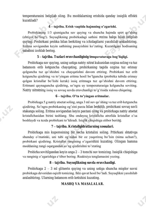 ani oling va probirkaga natriy atsetat kristallchasidan birini tashlang. shu ondayoq kristallcha atrofida kristallar o’sa boshlaydi va tezda probirkani to’ldiradi. isiqlik chiqishiga etibor bering. 2 – tajriba. quruq probirkaga 2-3 g natriy tiosulfat soling va tuz batamom eriguncha ehtiyotlik bilan qizdiring. probirka og‘zini paxta bilan berkiting va eritmani xona tempraturasigacha sekin soviting. hosil qilingan о‘ta tо‘yingan eritmali probirkani qattiq chayqating. nima kuzatiladi? paxtani olib tashlang va tiniq eritma hosil bо‘lguncha probirkani yana qizdiring. probirkani og‘zini paxta bilan yana berkitib, sekin soviting va unga natriy tiosulfatning kichik kiristalchasini soling. nma kuzatiladi? 3 – tajriba. erish issiqligi. ikkita probirkadan har birining 1/3 qismiga suv quying va temperaturasini o’lchang. birinchi probirkaga 2 – 3 g ammoniy nitrat soling, termometr bilan ehtiyot bo’lib, aralashtiring va eng past temperaturasini belgilab oling. ikkinchi probirkaga o’yuvchi natriyning bir necha bo’lagini tashlang va chayqatishdan keyin eng yuqori temperaturasini belgilab oling. bu moddalarning erishida qanday issiqlik effekti kuzatiladi? 4 …