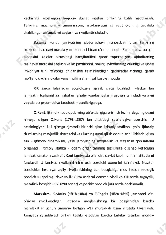 tafizik bosqich (xiv-xviii asrlar) va pozitiv bosqich (xix asrda boshlanadi). marksizm. k.marks (1818-1883) va f.engels (1820-1895) jamiyatni o‘z-o‘zidan rivojlanadigan, iqtisodiy rivojlanishning bir bosqichidagi barcha mamlakatlar uchun umumiy bo‘lgan o‘ta murakkab tizim sifatida tavsiflaydi. jamiyatning ziddiyatli birlikni tashkil etadigan barcha tarkibiy qismlari moddiy ishlab chiqarish munosabatlari bilan belgilanadi. mazkur munosabatlar majmui bazisni, ya'ni jamiyatning iqtisodiy negizini tashkil etadi. shu asosda jamiyatning o‘ziga xos ijtimoiy munosabatlar amal qiladigan muayyan-tarixiy tipi shakllanadi. jamiyatning umumiy iqtisodiy asosda shakllanadigan va «alohida, o‘ziga xos xususiyat»ga ega bo‘lgan tipini marks ijtimoiy-iqtisodiy formatsiya deb belgilaydi. ijtimoiy-iqtisodiy formatsiyalarning o‘zgarishiga marks pirovard natijada ishlab chiqarish kuchlari va ishlab chiqarish munosabatlarining dialektikasi bilan belgilanadigan qonuniy, tabiiy-tarixiy jarayon sifatida qaraydi. g.spenser. sotsiologiyada organik yo‘nalish asoschisi gerbert spenser (1820-1903) jamiyatga individlar birlashmasi sifatida yondashadi. uning fikricha, mazkur individlarning rivojlanishidagi farqlar jamiyat evolyusiyasining dastlabki shartlari hisoblanadi. jumladan, ibtidoiy qabilalar rivojlanishda oqsaganini spenser ularning qobiliyatlari rivojlanish darajasining pastligi bilan tushuntiradi. eng moslashuvchan jamiyatlarning yashash uchun …
