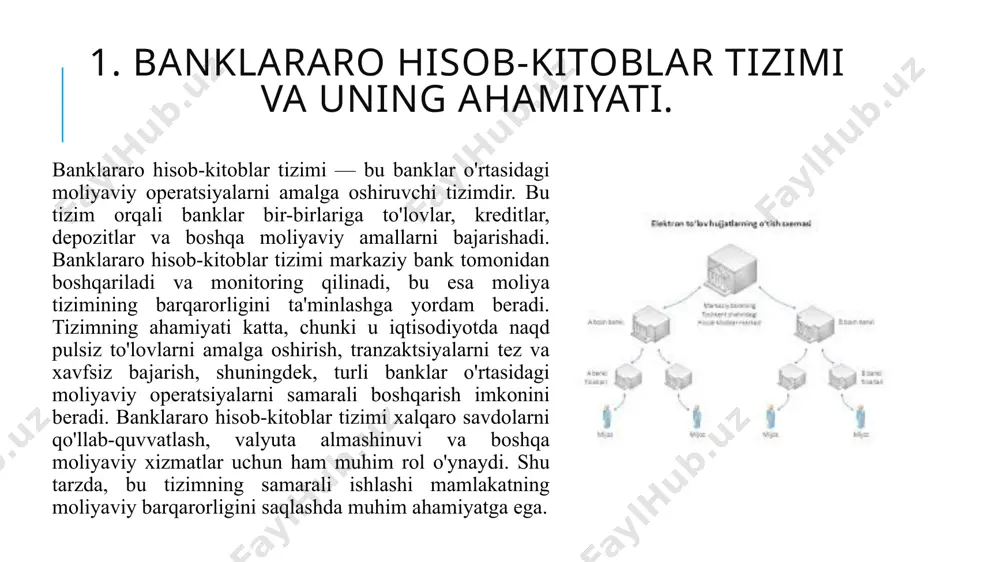 oblar uchun ishlatiladigan elektron tizim bo'lib, u to'lovlarni to'liq avtomatlashtiradi va hisob-kitoblarni optimallashtiradi. ach tizimi, asosan, kichik va o'rta summadagi to'lovlar uchun ishlatiladi. blockchain texnologiyasi – blockchain, markaziy tizimlarga muhtoj bo'lmasdan, banklar o'rtasidagi to'lovlarni xavfsiz va tez amalga oshirish imkonini beradi. bu texnologiya, ayniqsa, kriptovalyutalar va yangi moliyaviy tizimlarda keng qo'llaniladi. banklararo clearing tizimlari – bu tizimlar banklar o'rtasida hisob-kitoblarni o'zaro to'lovlarni birlashtirish orqali amalga oshiradi. clearing jarayonida, banklar o'rtasida to'lovlar balanslanadi va yakuniy hisob-kitob amalga oshiriladi. clearing tizimlari orqali banklar o'rtasidagi to'lovlar yig'ilib, faqat kerakli miqdorlar o'zgartiriladi. elektron pul o'tkazmalari – banklararo to'lovlar uchun ishlatiladigan eng keng tarqalgan texnologiyalardan biridir. bu texnologiya banklar o'rtasida raqamli shaklda pul o'tkazmalarini amalga oshirishni ta'minlaydi va pul o'tkazmalari jarayonini tezlashtiradi. kredit clearing tizimlari – kreditlar va qarzlarni hisoblashda, banklararo clearing tizimlari ishlatiladi. bu tizimlar qarzlarni o'zgartirish, qoplash va ko'paytirish jarayonini optimallashtir p2p tizimlar (peer-to-peer) – bu texnologiya orqali banklar o'rtasidagi moliyaviy to'lovlar bevosita, …