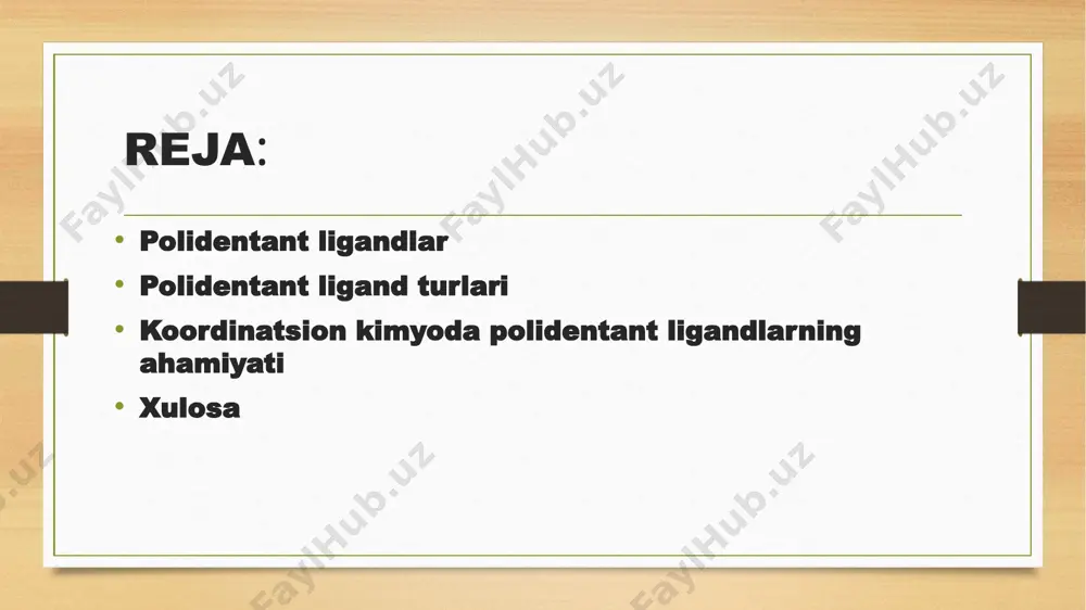 ionlari bilan bog'langanda. koordinatsion kimyoda polidentant ligandlarning ahamiyati. kimyoviy barqarorlikni ta'minlash polidentat ligandlar kimyoviy reaksiya paytida ligand va metallning barqarorligini oshiradi. kompleks xususiyatlarini boshqarish polidentant ligandlari kompleksning fotolyuminisensya, kimyoviy faollik va tuzilish kabi xususiyatlariga ham ta'sir qilishi mumkin. katalizda qo'llash polidentat ligandlarning muhim roli shundaki, ular turli xil kimyoviy reaktsiyalar uchun katalizator sifatida ishlatilishi mumkin. polidentant ligandli komplekslarning polidentatligi va tuzilishi. polidentant xususiyatlarining ta'siri polidentant ligandlar bilan hosil bo'lgan komplekslar yanada barqaror tuzilishga ega va kengroq xususiyatlarni taqdim etishga qodir. reaksiyaga ta'siri polidentant ligandlardan foydalanganda komplekslar yuqori faollashuv energiyasiga va yuqori reaksiya tezligiga ega bo'lishi mumkin. ion hajmi ion almashinadigan ligandlarning kattaligi kompleks hajmiga va metall uchun mavjud bo'lgan teshiklarning turiga va hajmiga ta'sir qilishi mumkin. polidentat ligandlarini fan va sanoatning turli sohalarida qo'llash. katalizatorlar polidentat ligandlari turli xil kimyoviy reaksiyalarda katalizator sifatida keng qo'llaniladi. biologik faol moddalar ba'zi polidentat ligandlar biologik faollikka ega bo'lishi va dori sifatida ishlatilishi mumkin. …